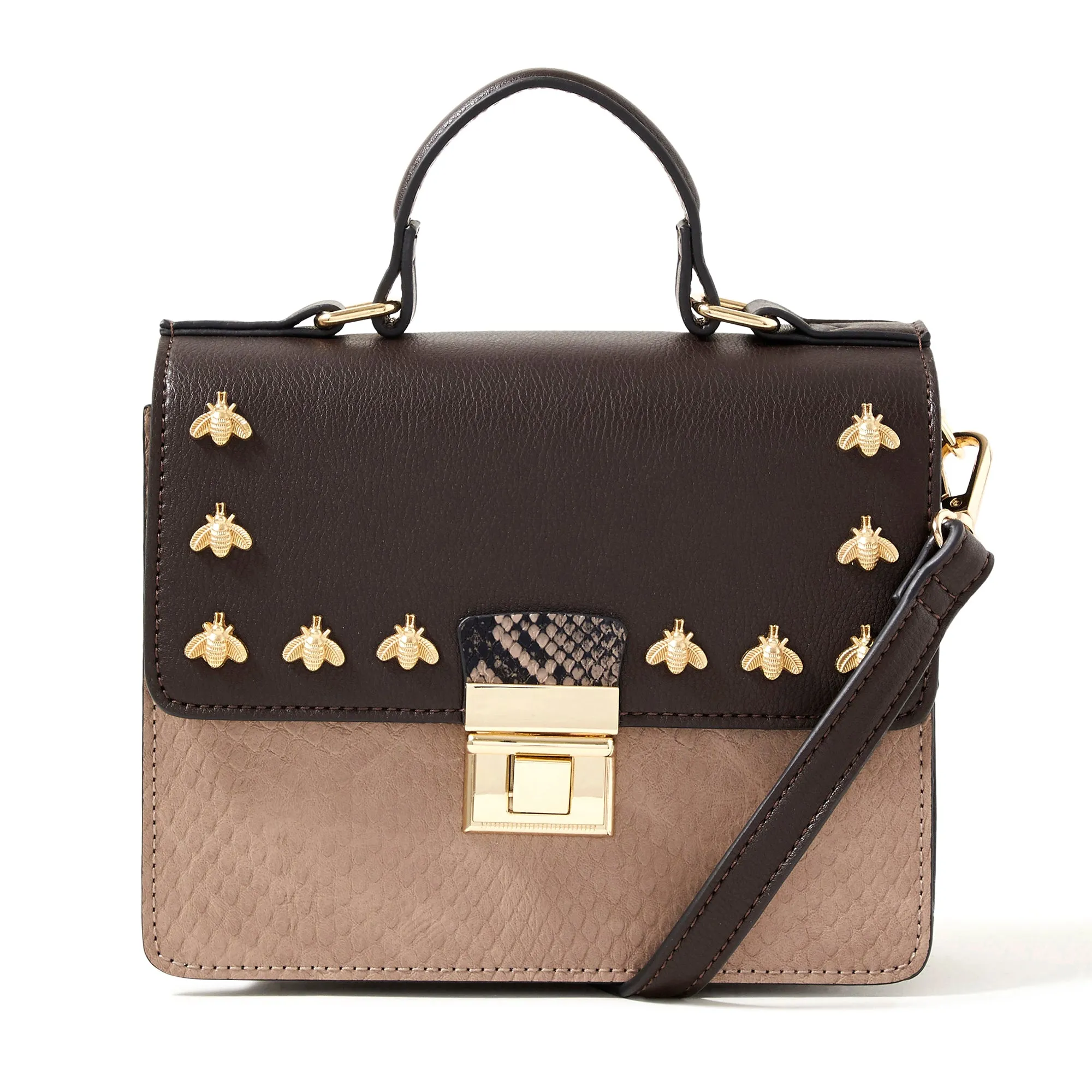 Accessorize London  Brown & Beige Colourblocked Bee Studded Satchel