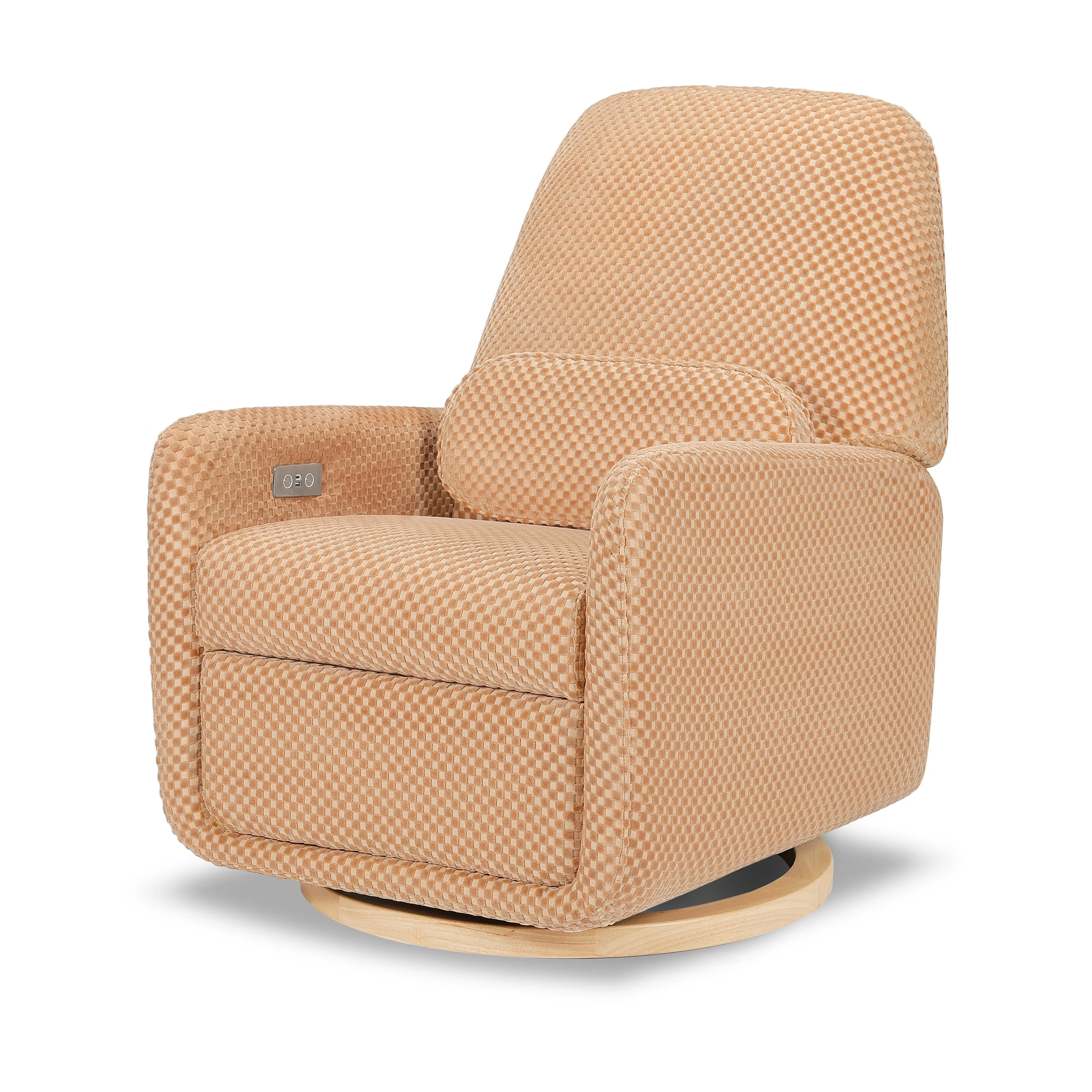 Arc Electronic Recliner and Swivel Glider in Velvet Checker with USB port | Canyon Velvet Checker w/ Light Wood Base