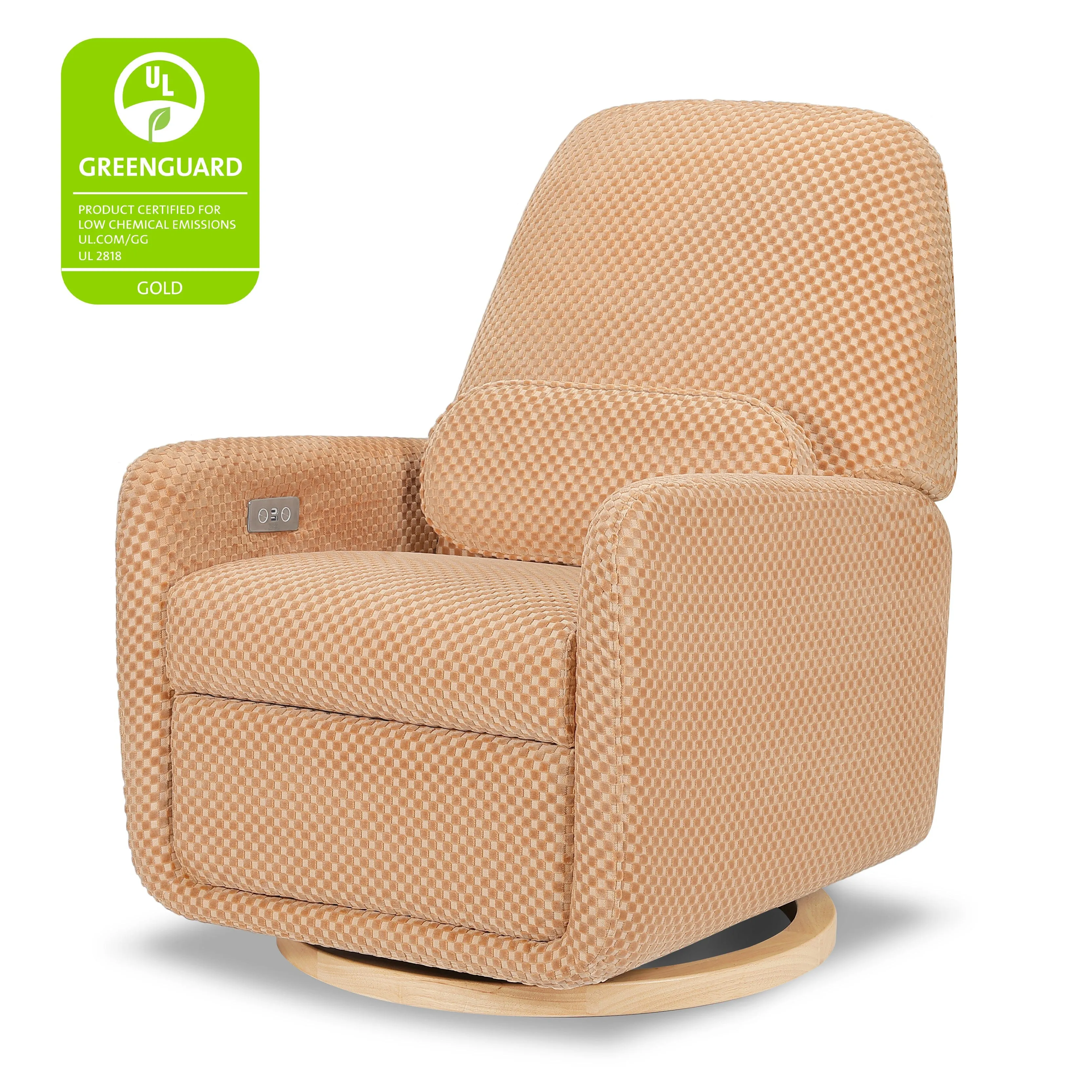 Arc Electronic Recliner and Swivel Glider in Velvet Checker with USB port | Canyon Velvet Checker w/ Light Wood Base