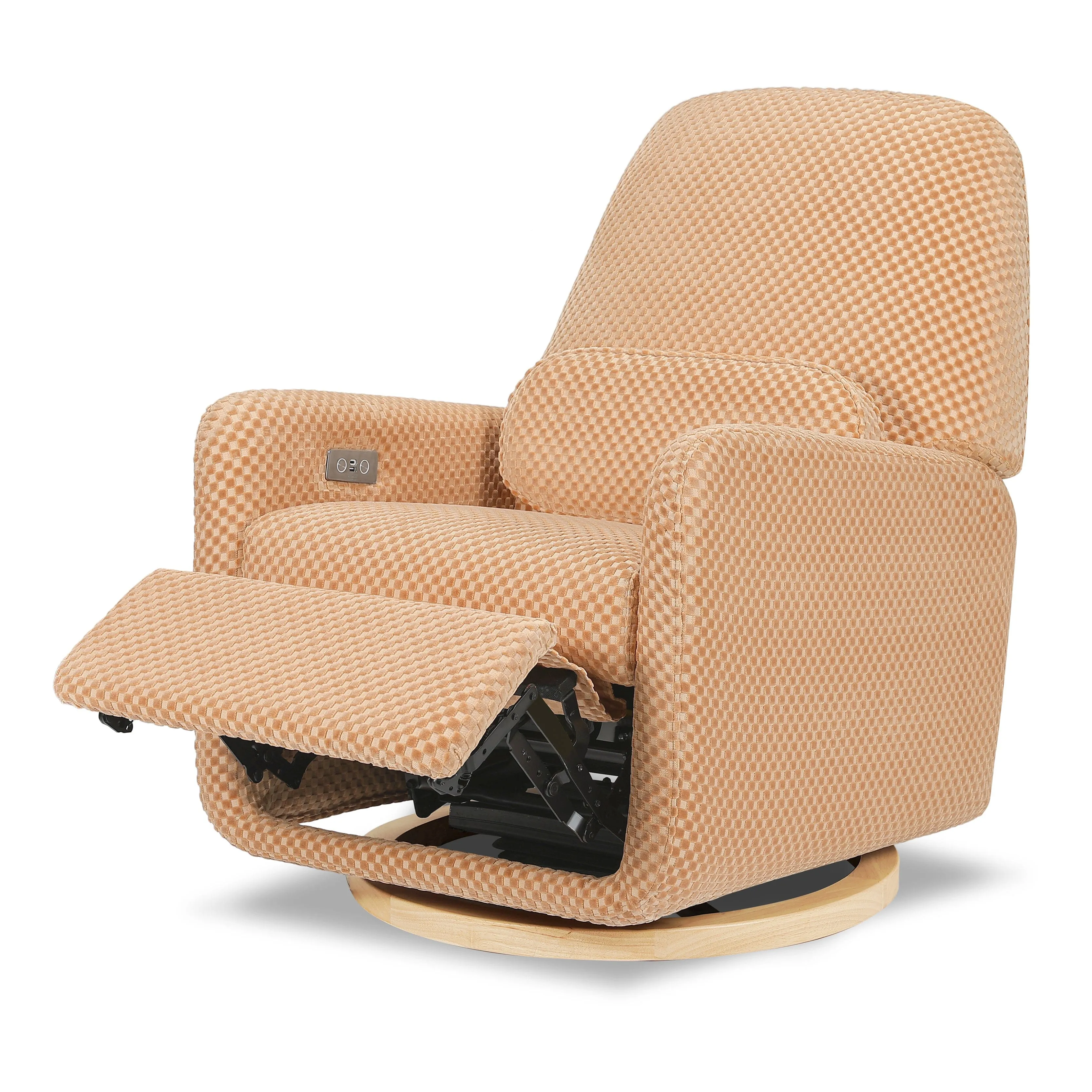 Arc Electronic Recliner and Swivel Glider in Velvet Checker with USB port | Canyon Velvet Checker w/ Light Wood Base