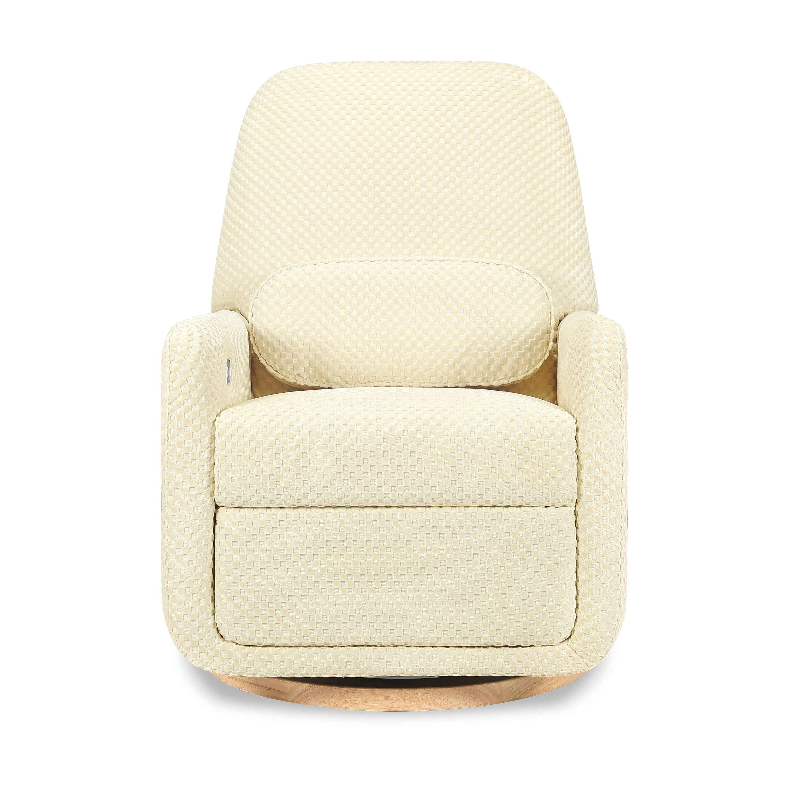 Arc Electronic Recliner and Swivel Glider in Velvet Checker with USB port | Ivory Velvet Checker w/Light Wood Base