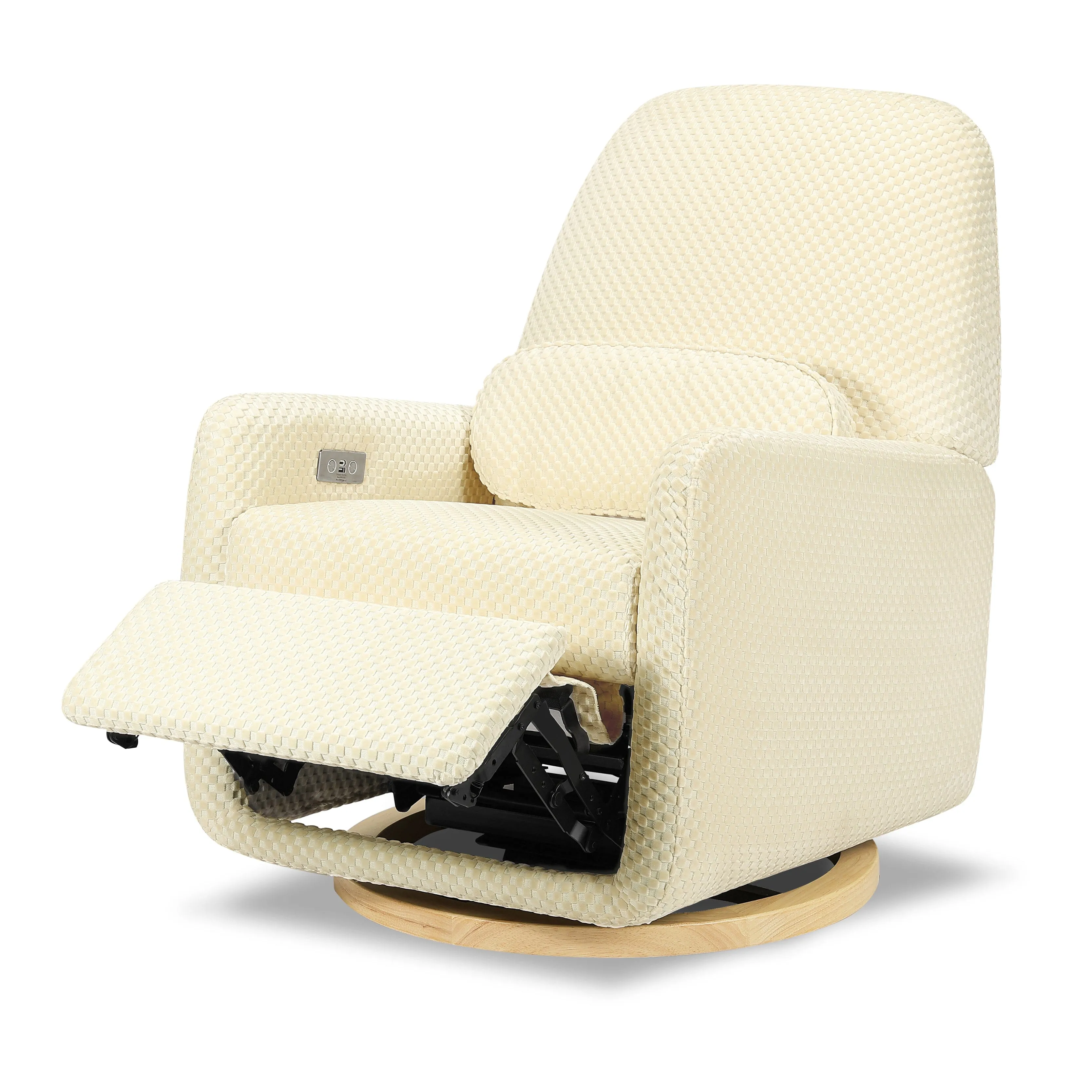 Arc Electronic Recliner and Swivel Glider in Velvet Checker with USB port | Ivory Velvet Checker w/Light Wood Base