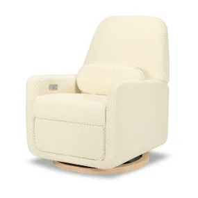 Arc Electronic Recliner and Swivel Glider in Velvet Checker with USB port | Ivory Velvet Checker w/Light Wood Base