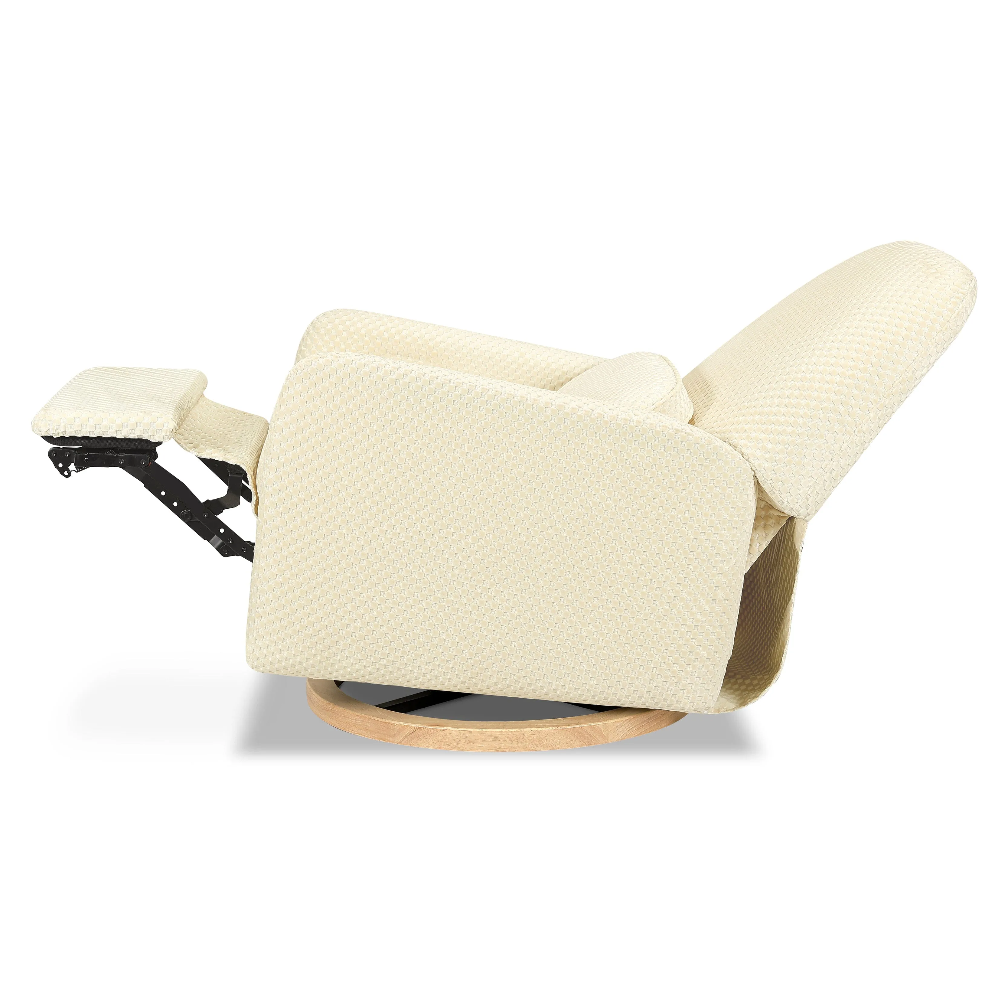 Arc Electronic Recliner and Swivel Glider in Velvet Checker with USB port | Ivory Velvet Checker w/Light Wood Base