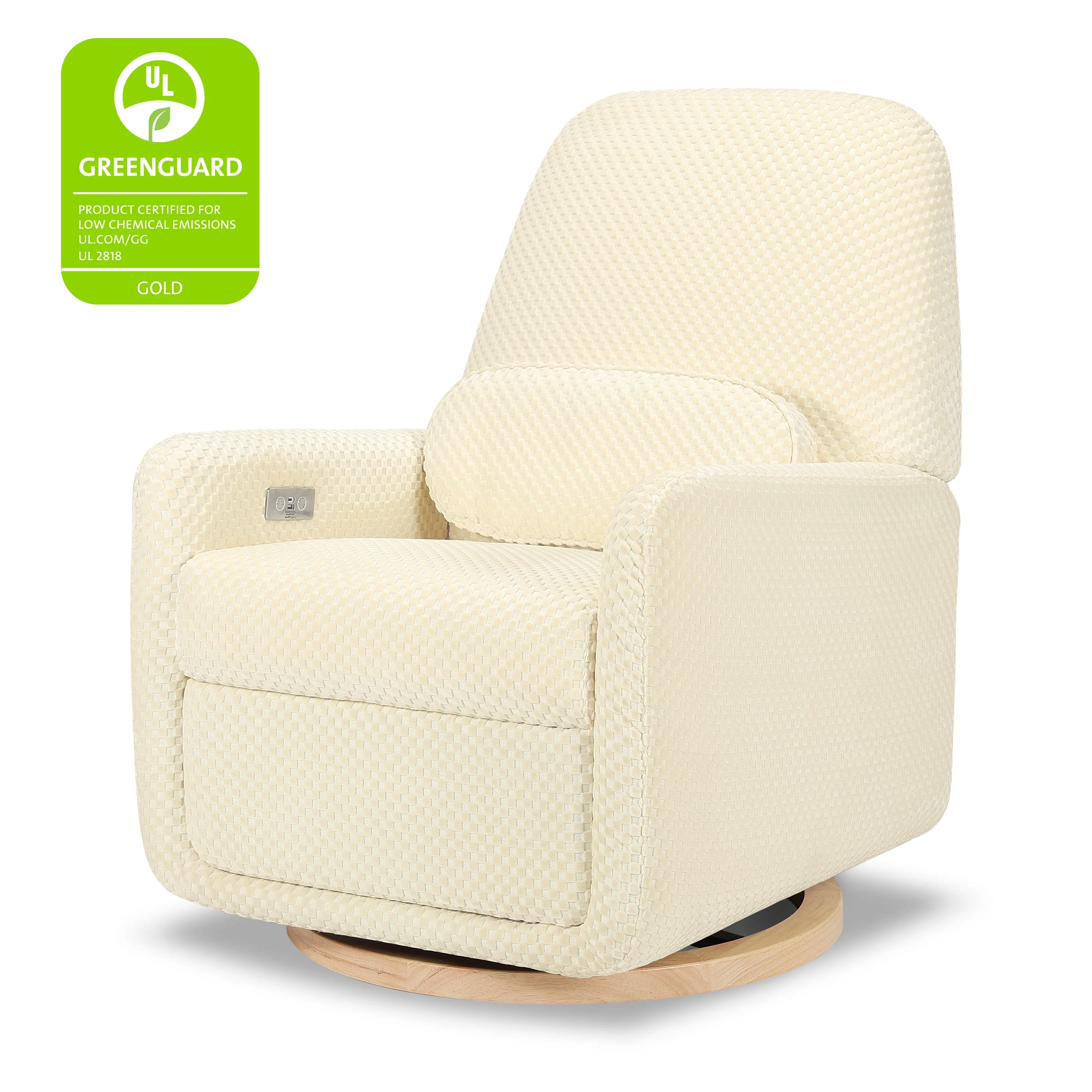 Arc Electronic Recliner and Swivel Glider in Velvet Checker with USB port | Ivory Velvet Checker w/Light Wood Base