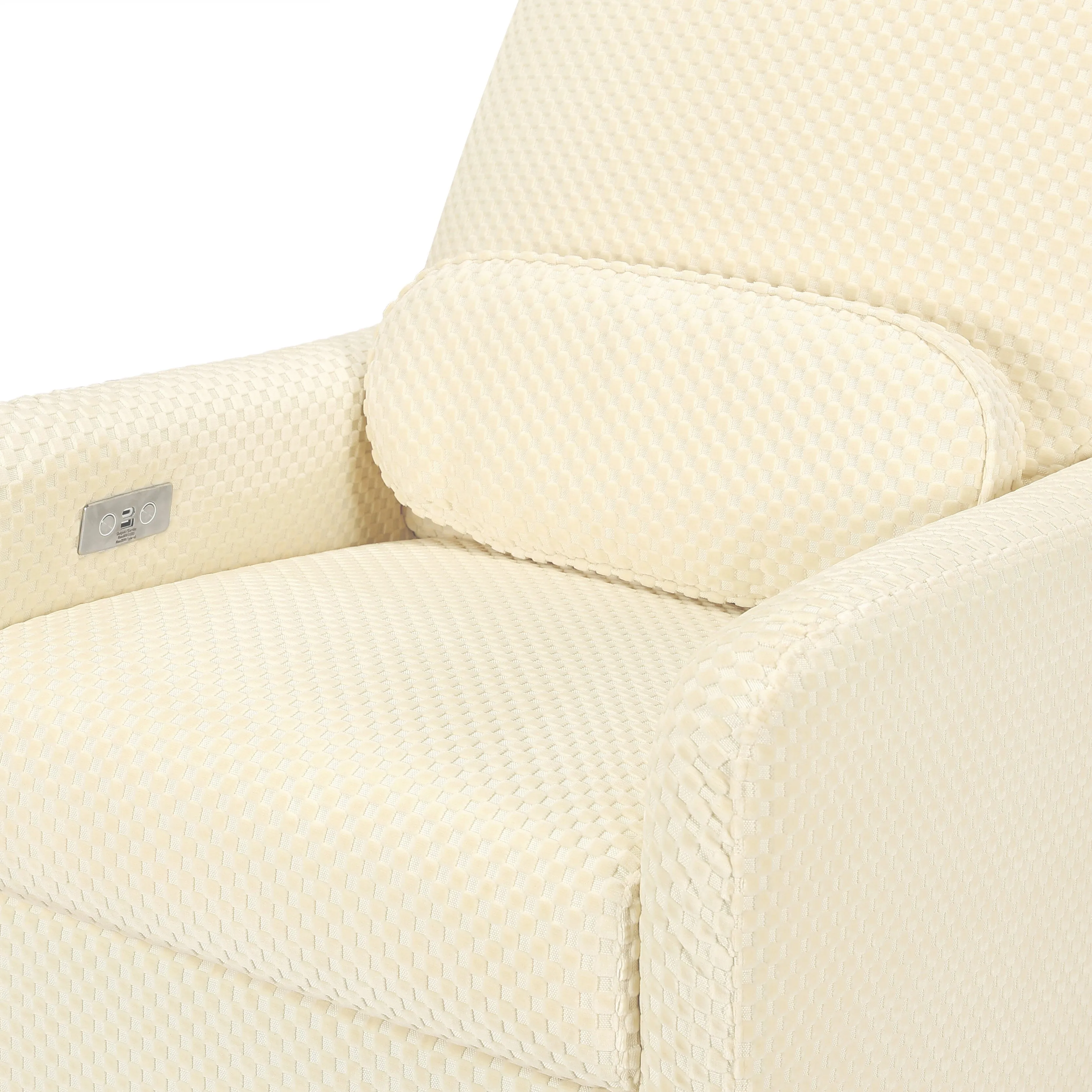 Arc Electronic Recliner and Swivel Glider in Velvet Checker with USB port | Ivory Velvet Checker w/Light Wood Base