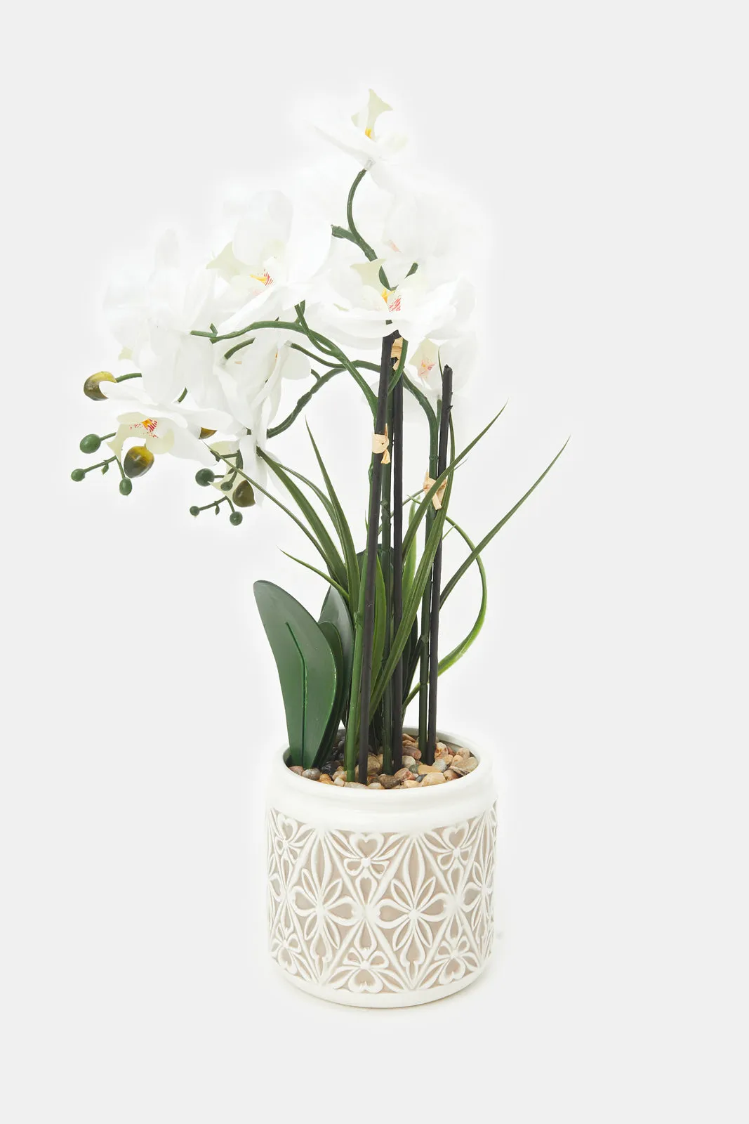 Artificial White Orchid Flower In Ceramic Vase