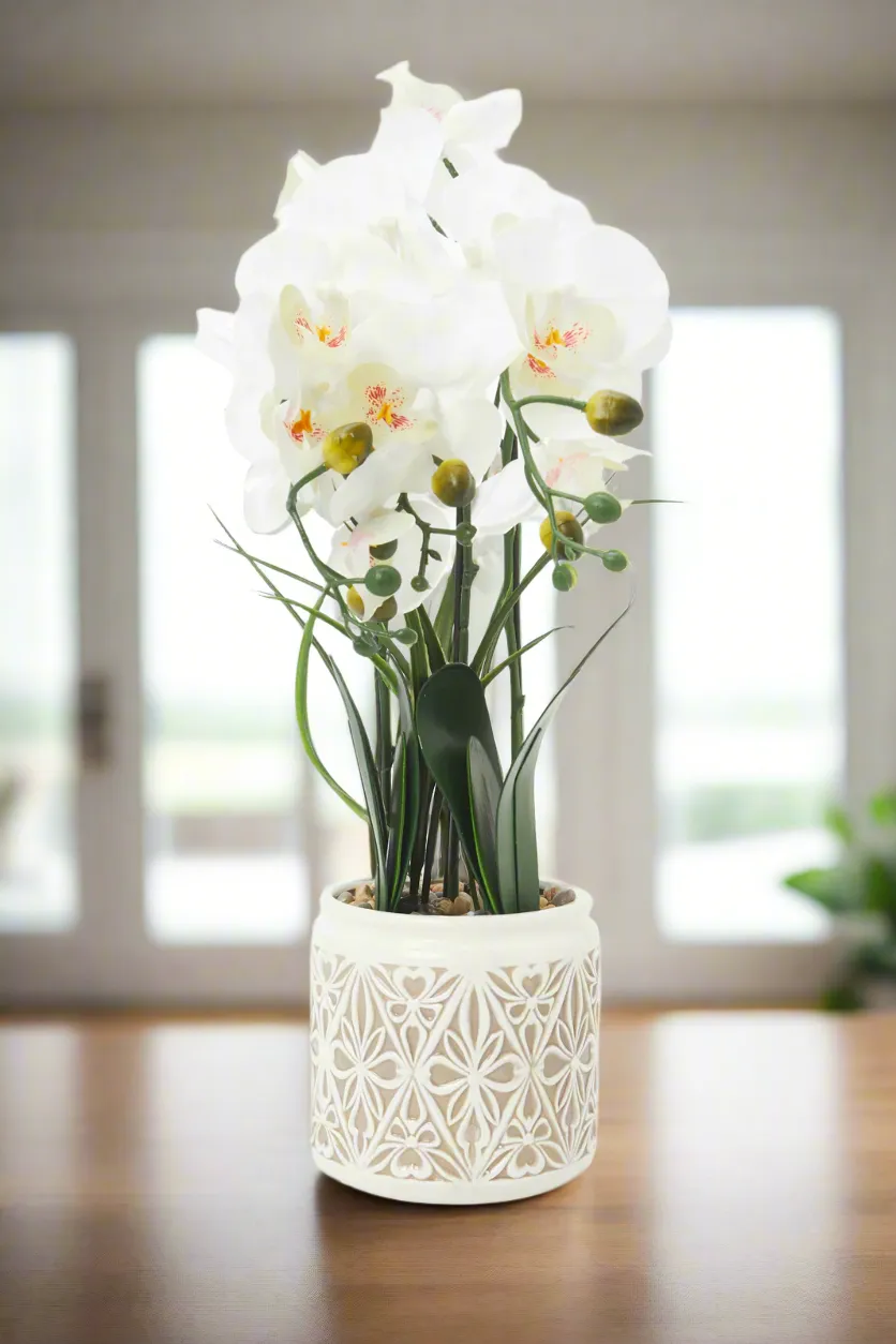 Artificial White Orchid Flower In Ceramic Vase