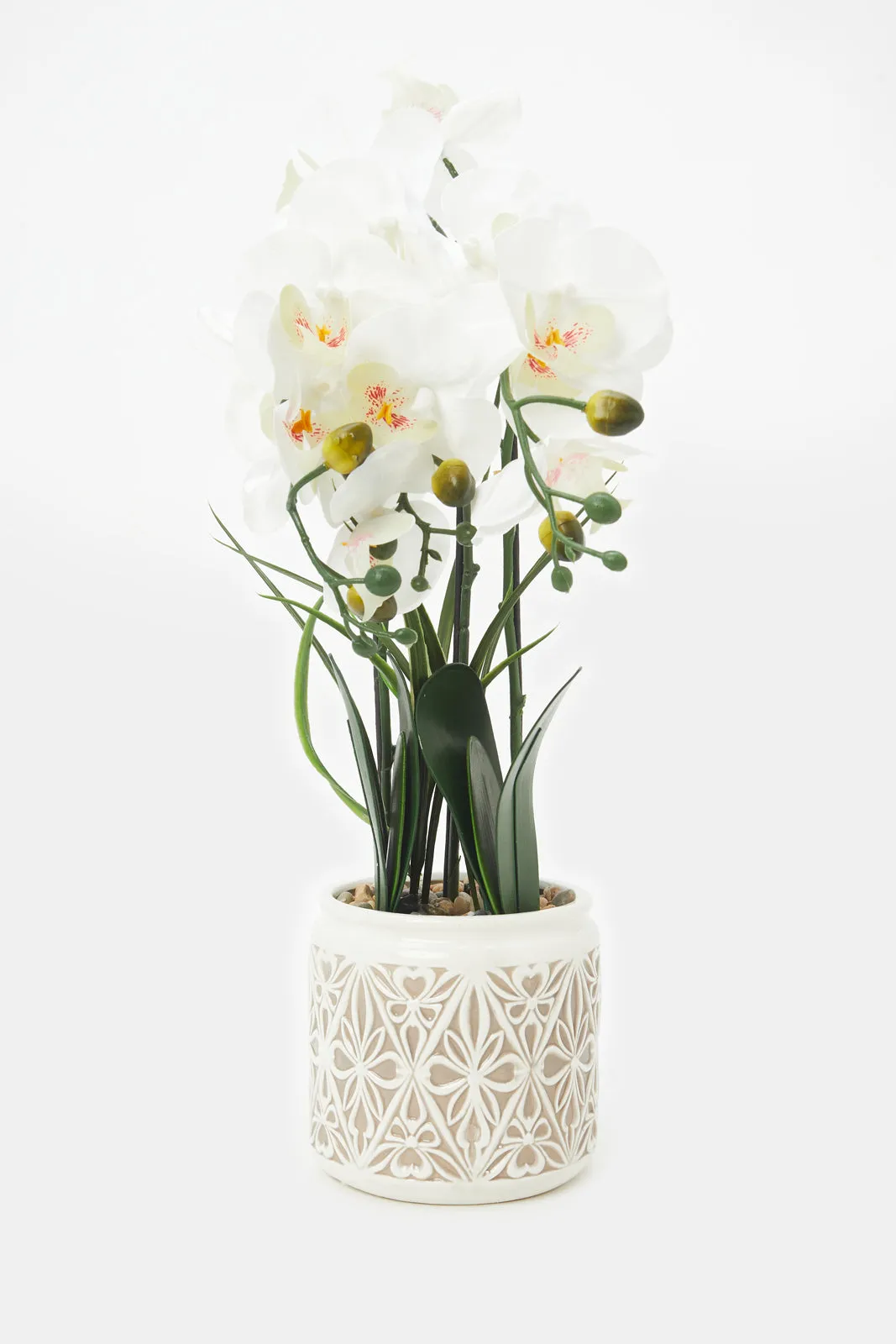 Artificial White Orchid Flower In Ceramic Vase