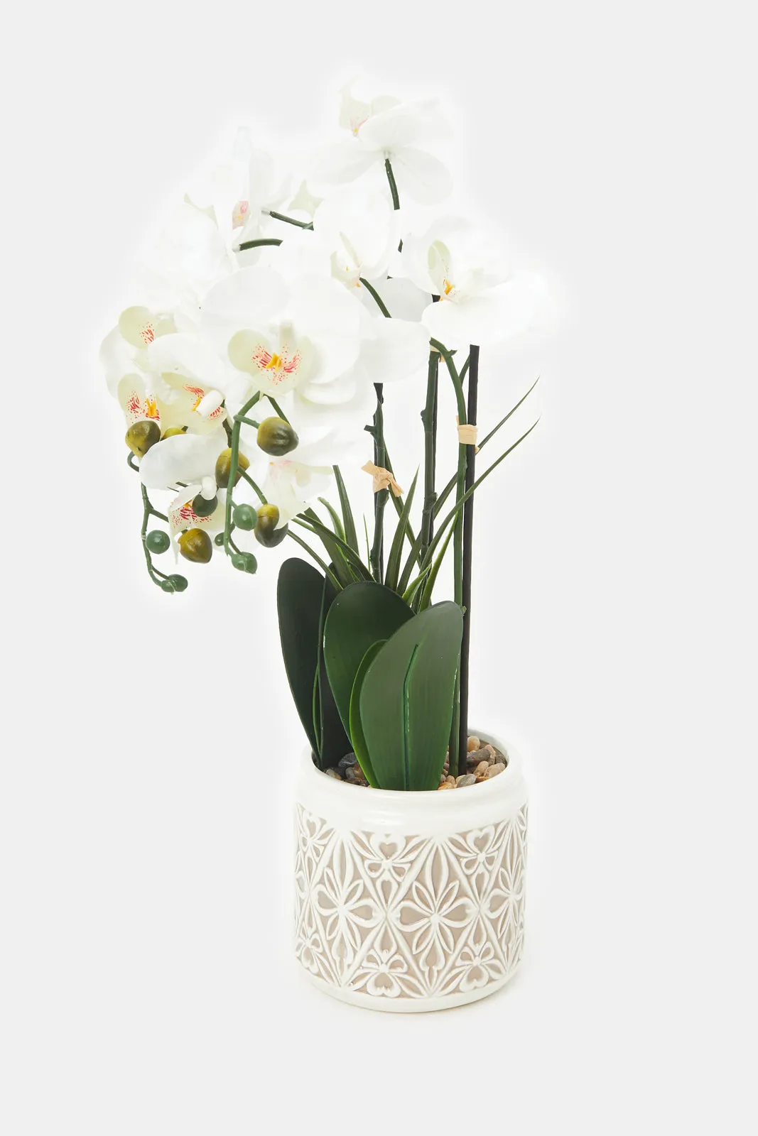 Artificial White Orchid Flower In Ceramic Vase