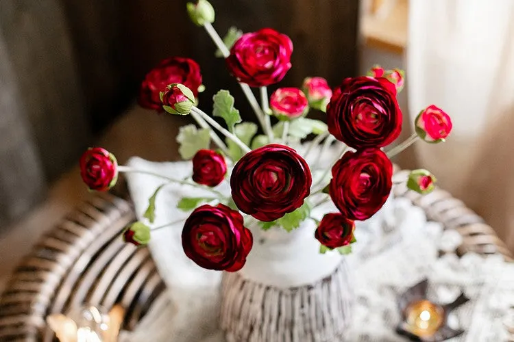 Bedroom Flower Arrangement Ideas, Red Ranunculus Asiaticus Flowers, Simple Modern Floral Arrangement Ideas for Home Decoration, Spring Artificial Floral for Dining Room