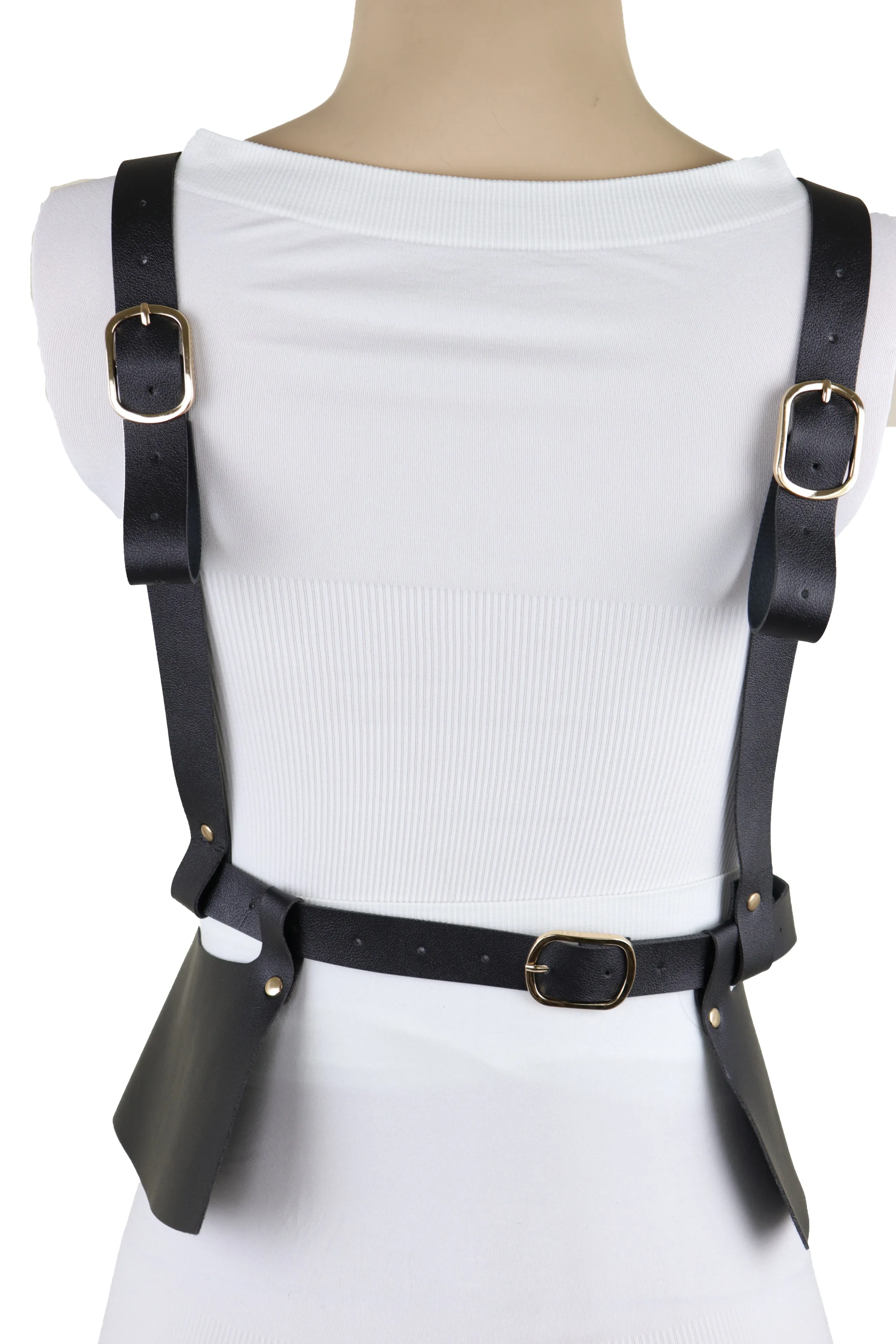 Black Faux Leather Steampunk Fashion Belt Suspender Adjustable Size XS S