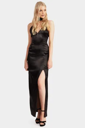 Black Long Satin Choker Maxi Dress