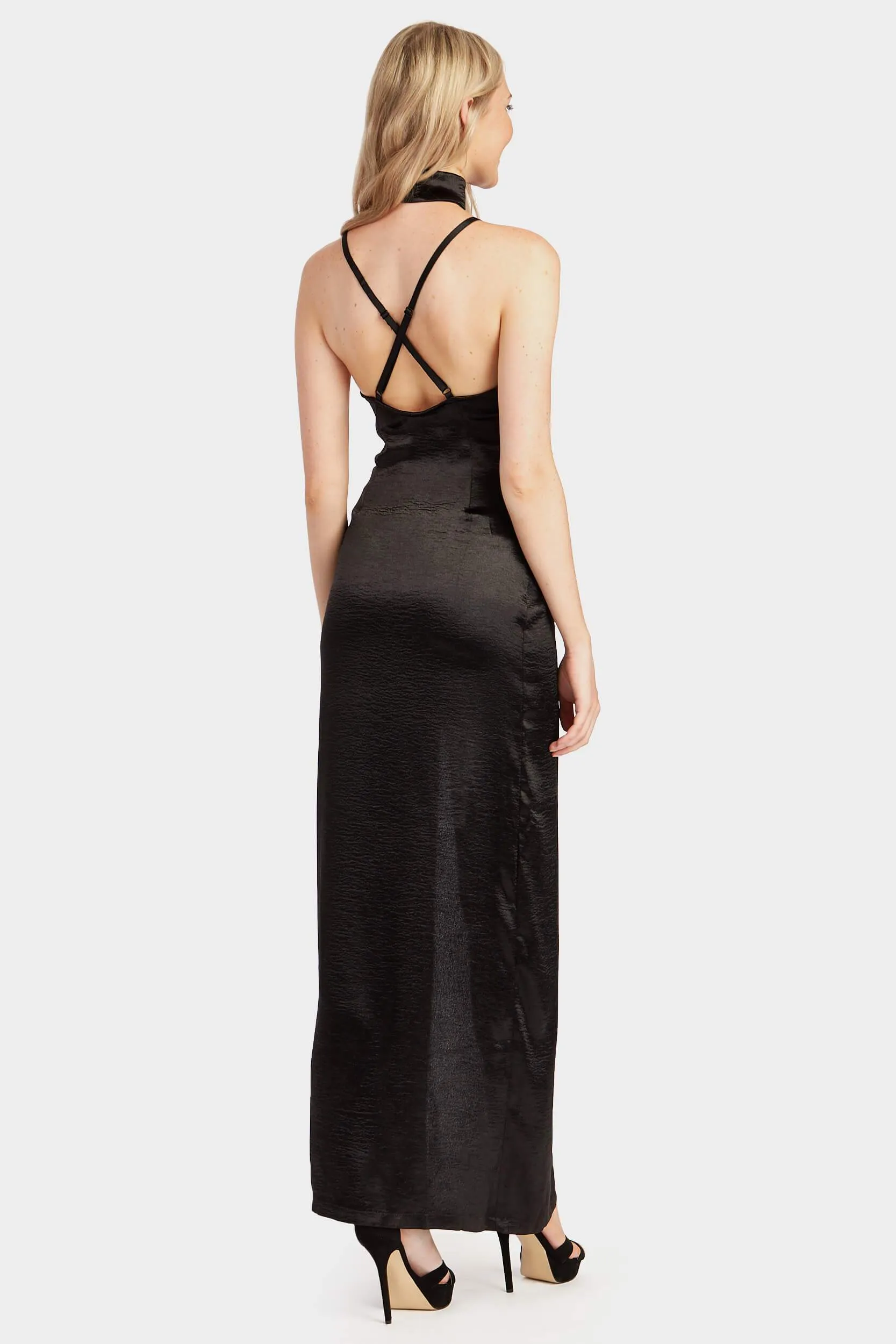 Black Long Satin Choker Maxi Dress