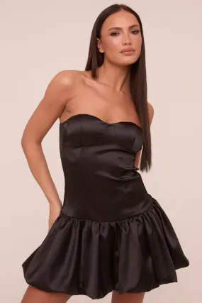 Black Satin Bandeau Puffball Mini Dress - Stacy