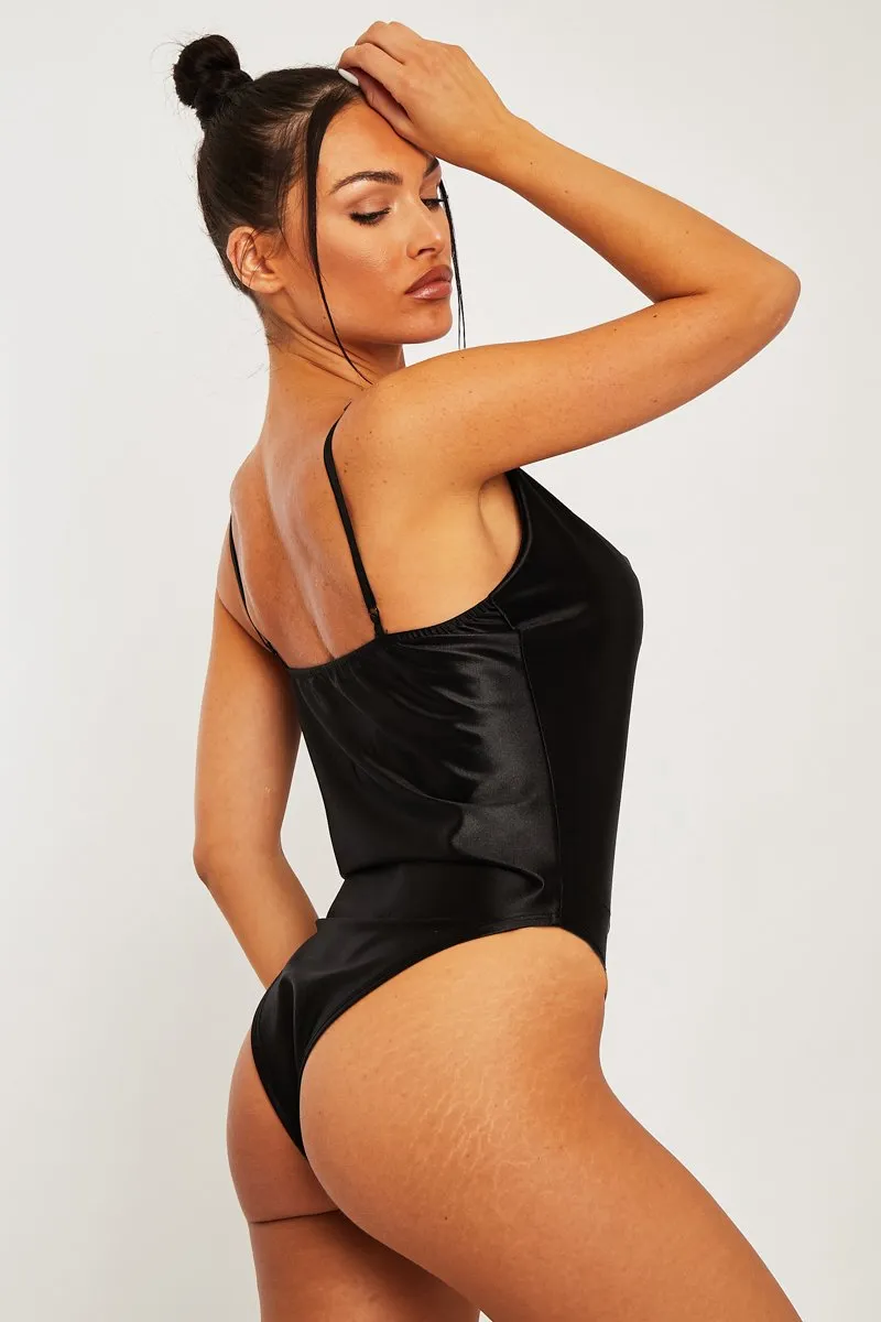 Black Satin Cowl Neck Bodysuit - Miley