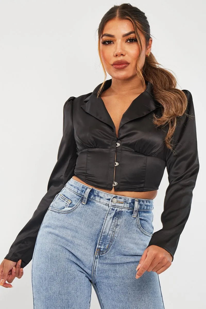 Black Satin Puff Shoulder Crop Top - Ciarra