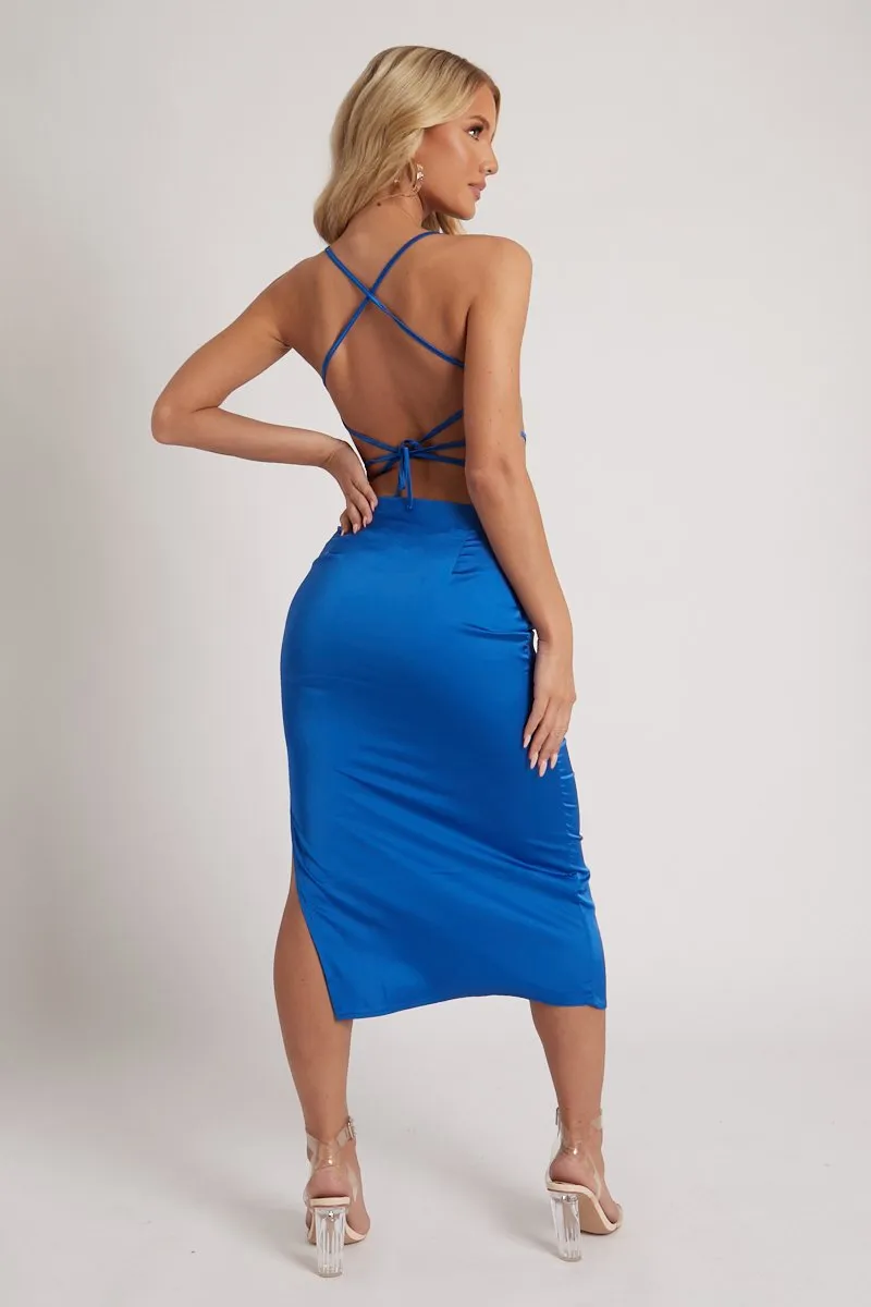 Blue Satin Cowl Neck Midi Bodycon Dress - Liliana