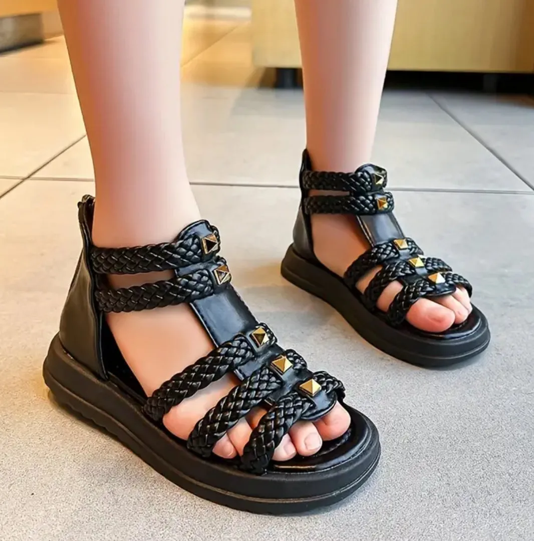 “Braids & Brass” Open Toe Sandals With Zipper, Non-Slip