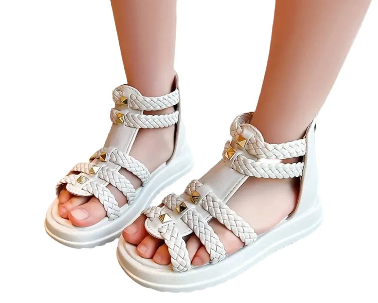 “Braids & Brass” Open Toe Sandals With Zipper, Non-Slip