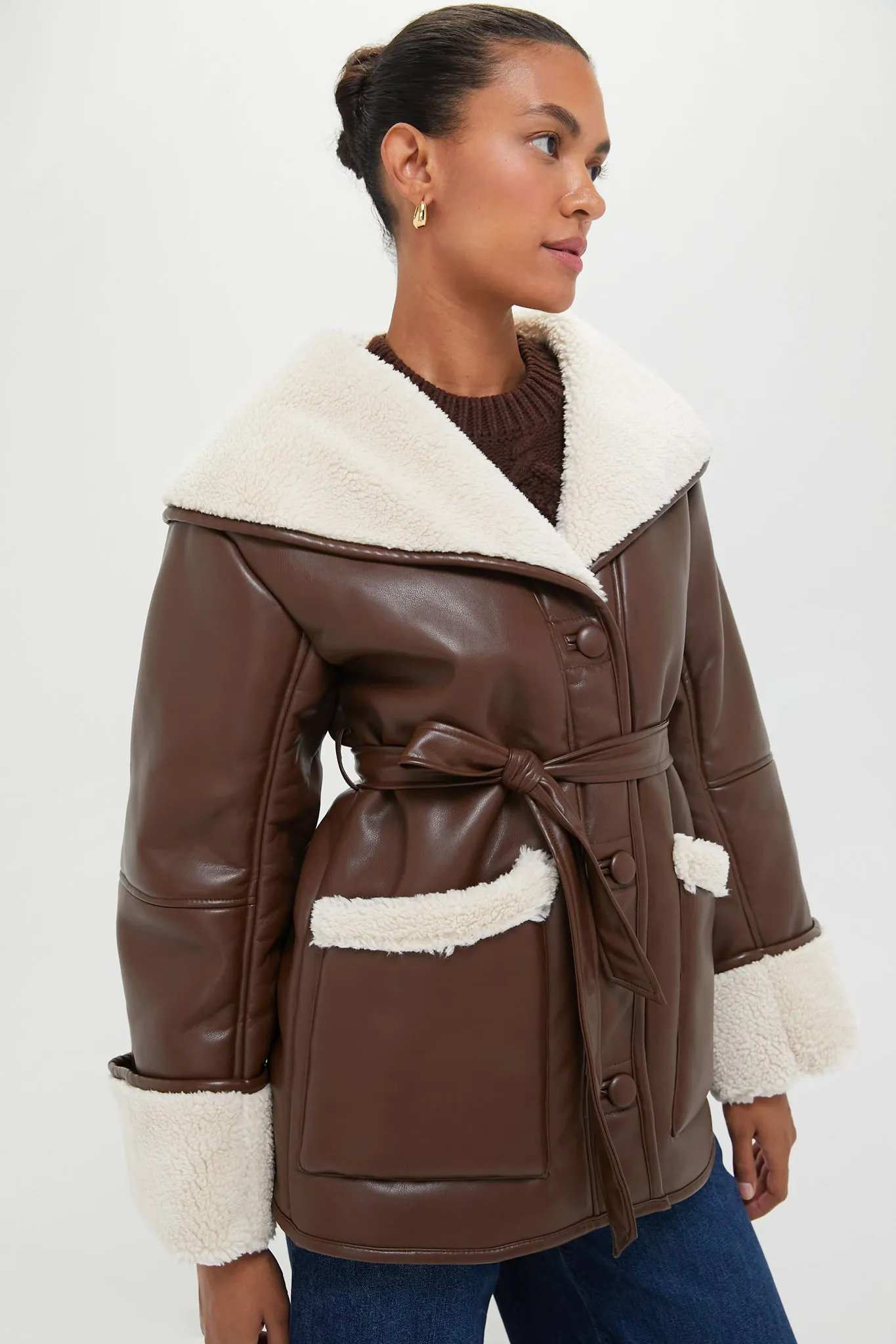 Brown and Ivory Vegan Leather Bonded Faux Fur Jacket