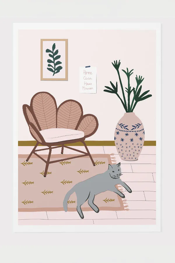 Cat at Home by Ani Vidotto Giclée Art Print Poster (Pink)