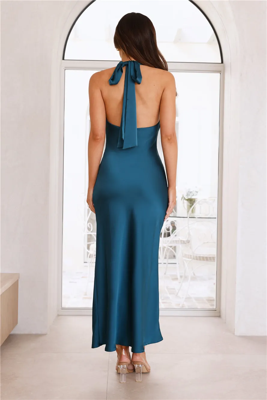 Champagne Wishes Satin Halter Maxi Dress Teal