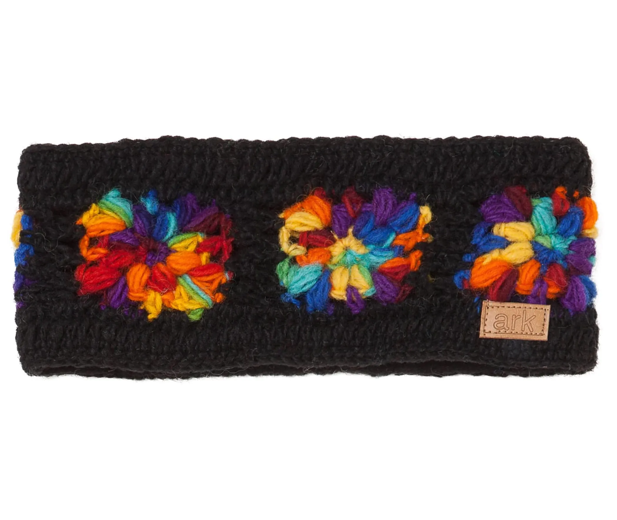 Chunky Knit Black Head Warmer, Rainbow Flower Pattern, 100% Wool with Fleece Lining