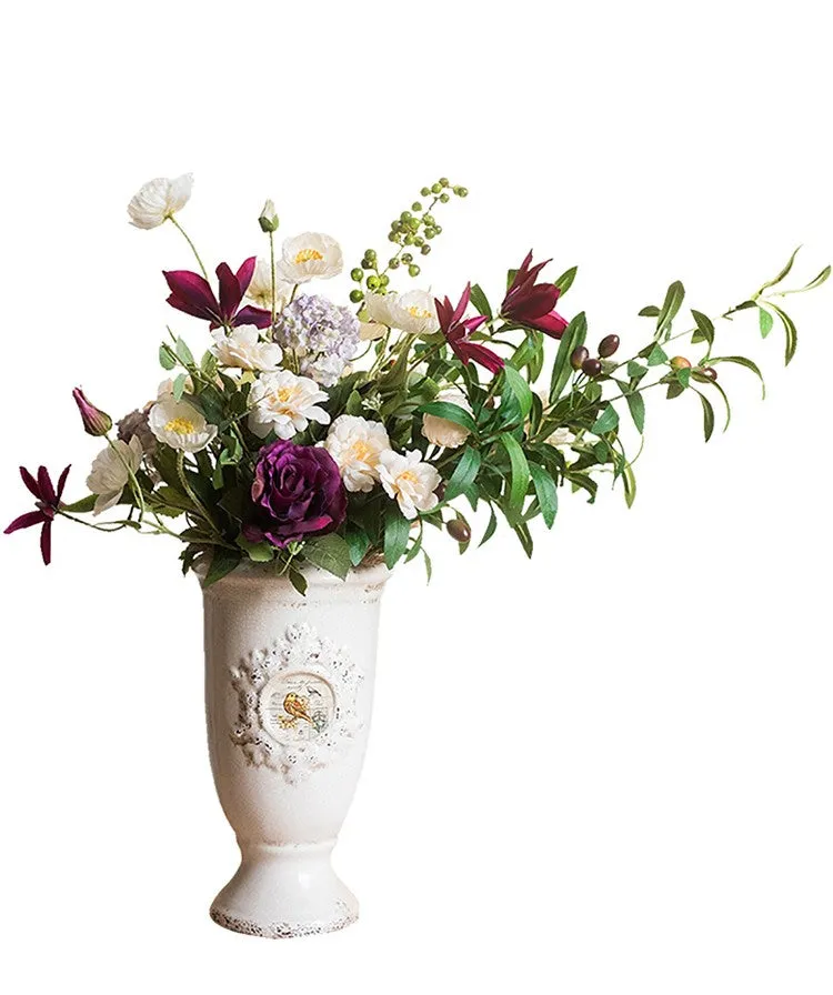 Clematis, Olive Branch, Sweet Alyssum, Corn poppy, Cranberry, Iceberg Rose Flowers, Unique Flower Arrangement for Home Decoration, Beautiful Artificial Flowers for Living Room