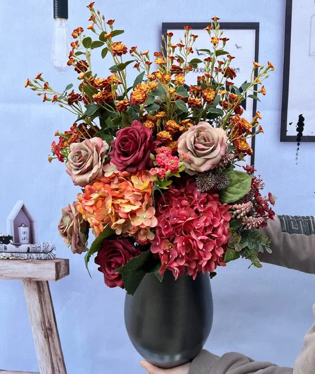 Creative Faux Silk Floral Bouquet Table Centerpiece, Modern Artificial Floral Arrangement for Bedroom, Large Bunch of Autumn Flowers Arrangement Interior Design