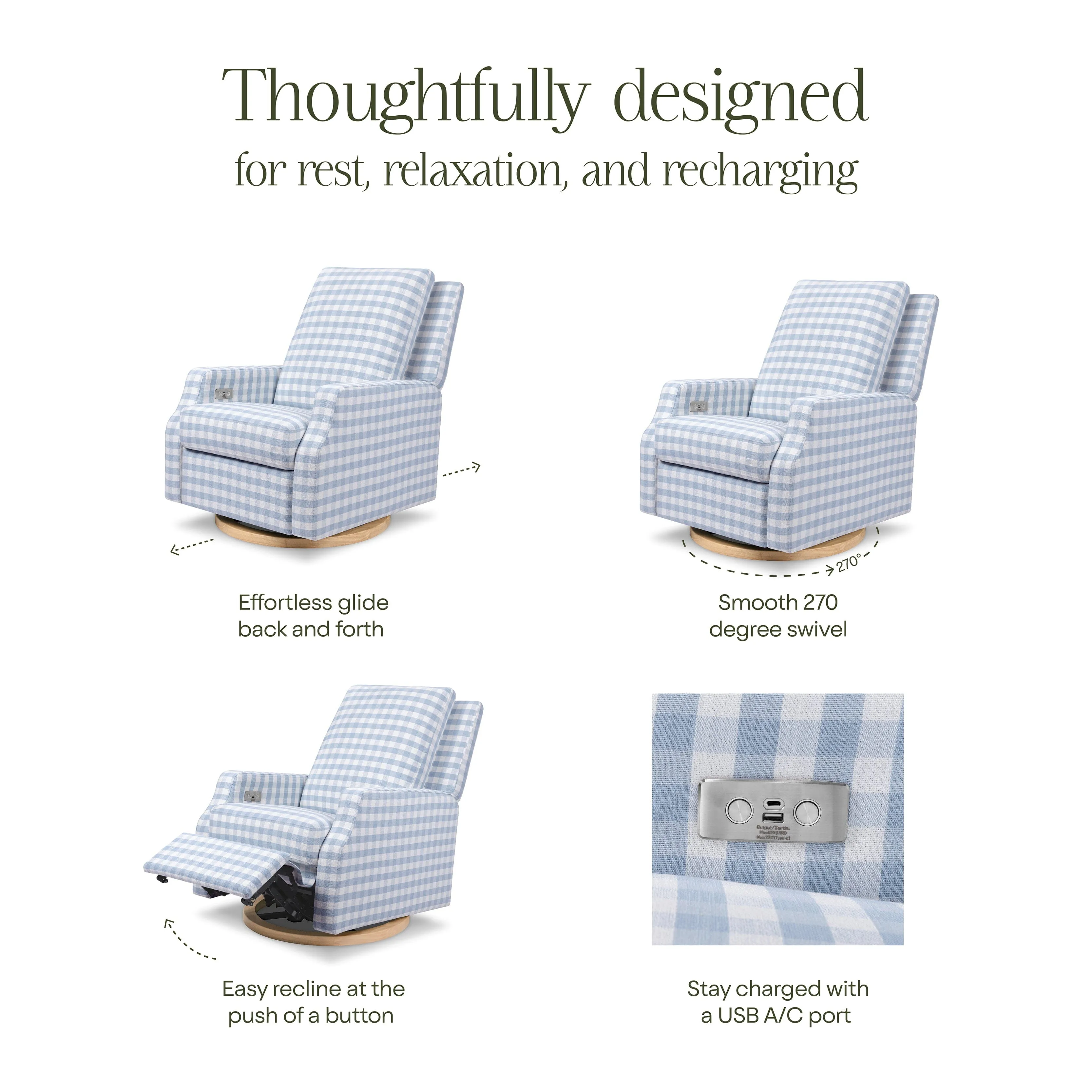 Crewe Electronic Recliner and Swivel Glider | Blue Gingham with Light Wood Base