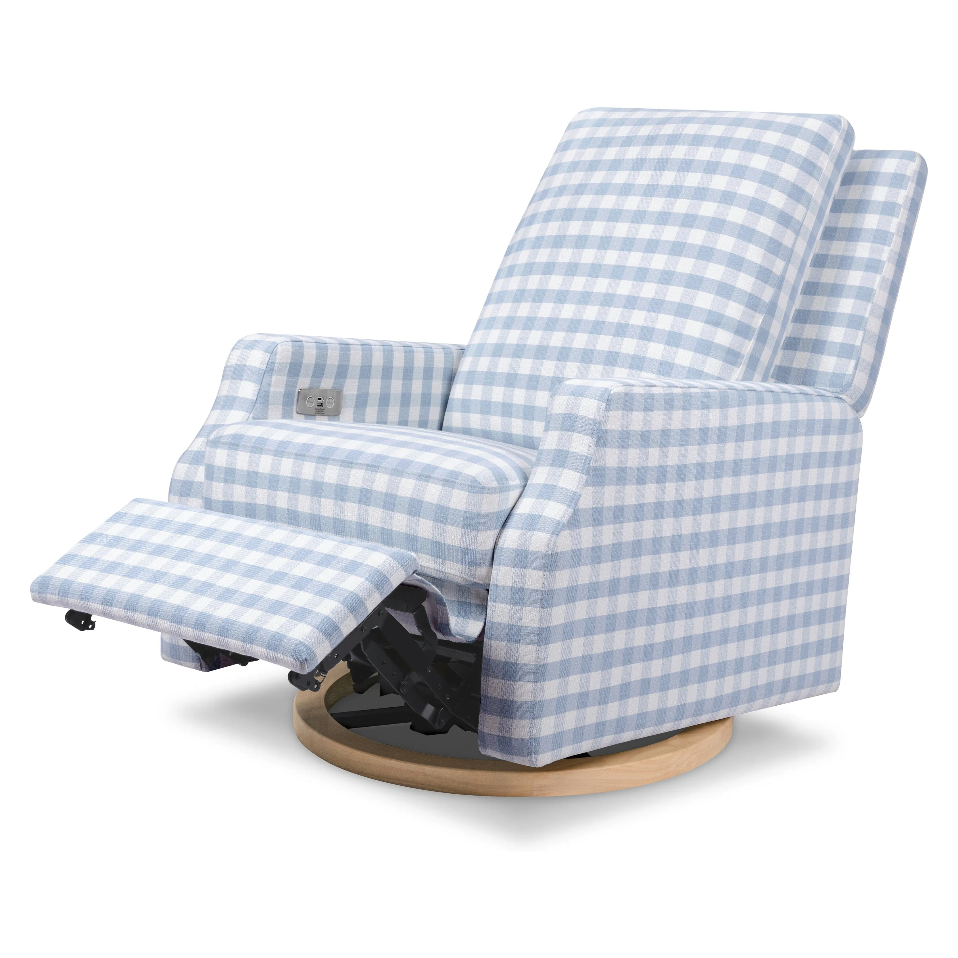 Crewe Electronic Recliner and Swivel Glider | Blue Gingham with Light Wood Base