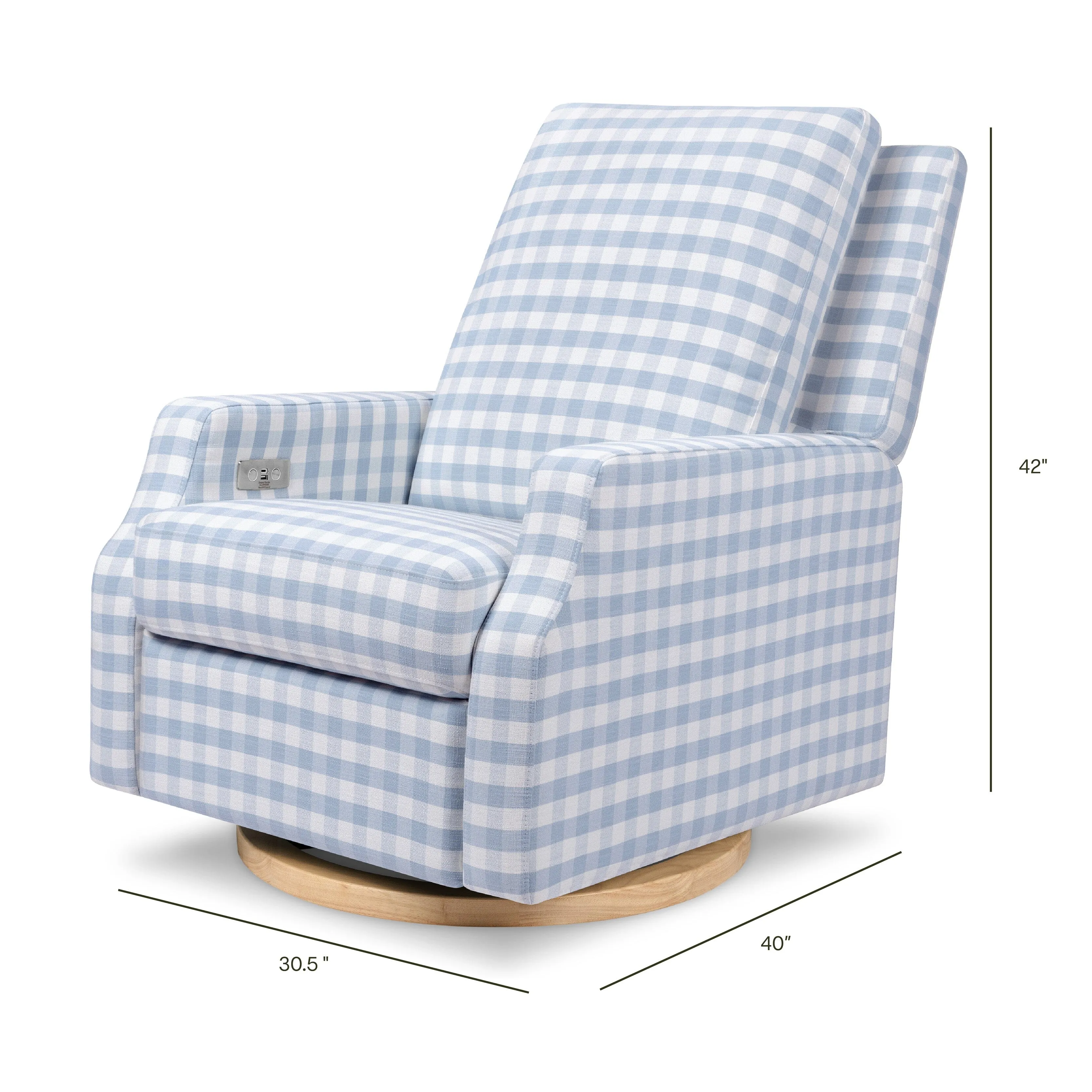 Crewe Electronic Recliner and Swivel Glider | Blue Gingham with Light Wood Base