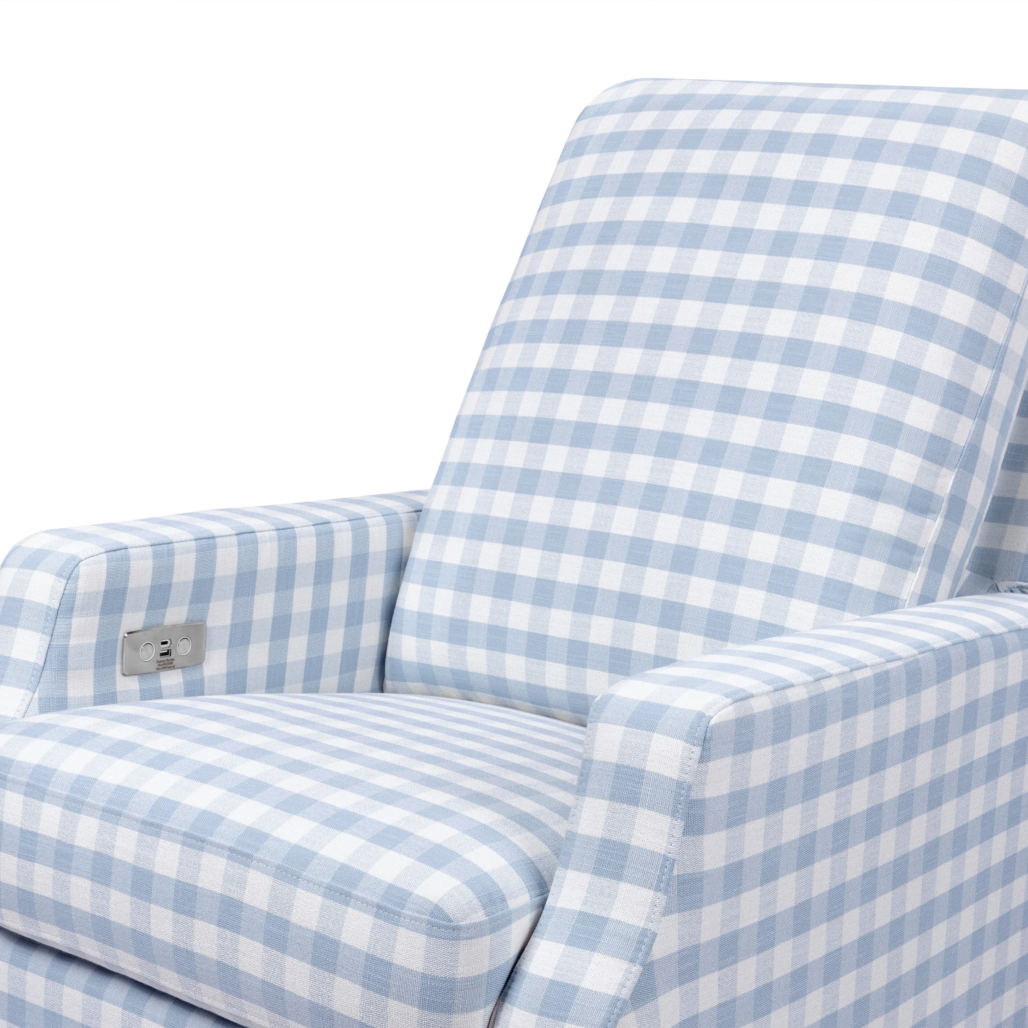 Crewe Electronic Recliner and Swivel Glider | Blue Gingham with Light Wood Base