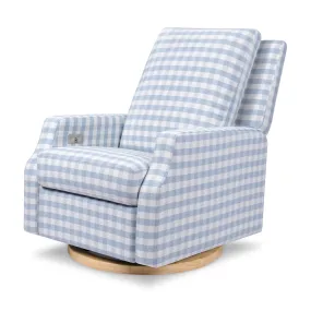 Crewe Electronic Recliner and Swivel Glider | Blue Gingham with Light Wood Base