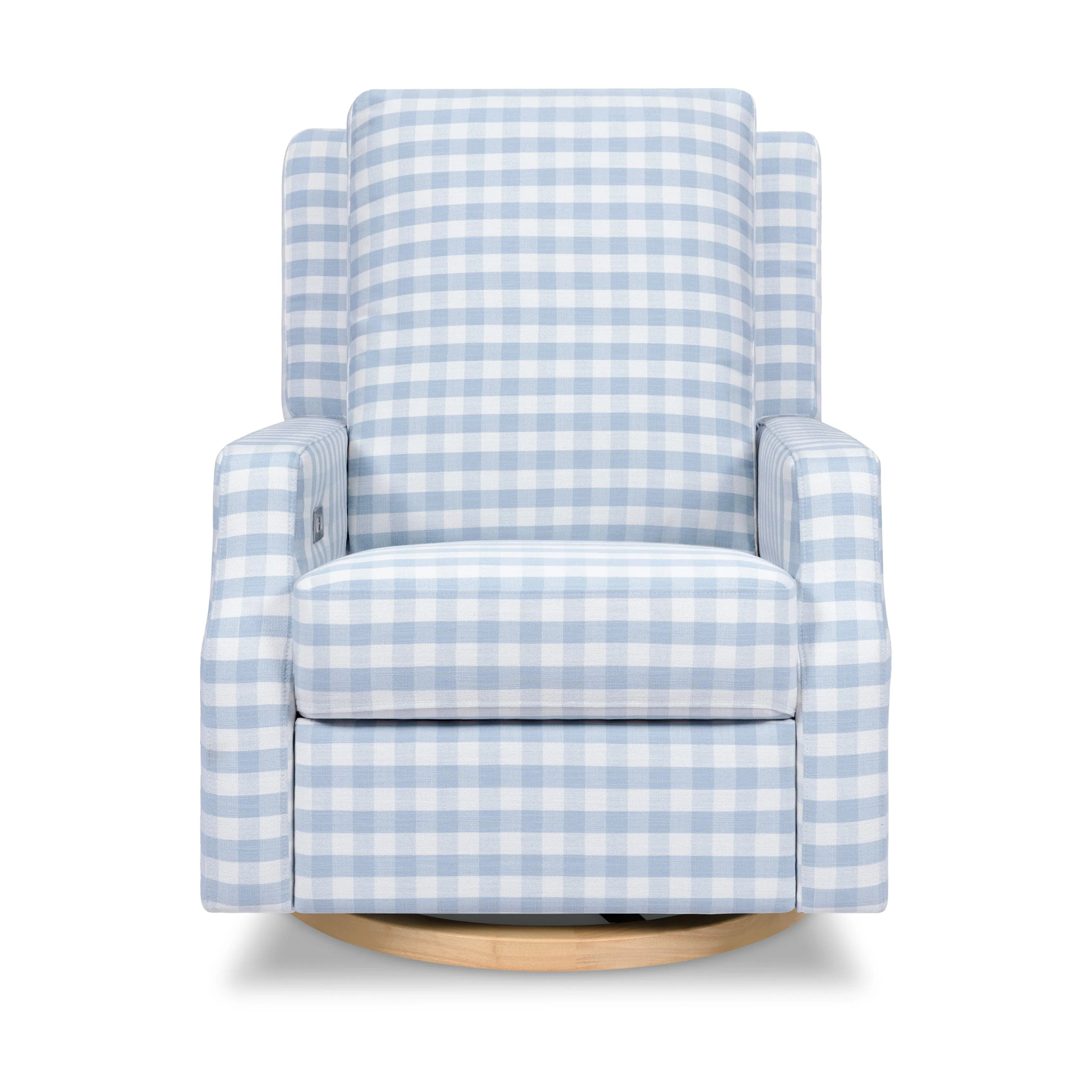 Crewe Electronic Recliner and Swivel Glider | Blue Gingham with Light Wood Base