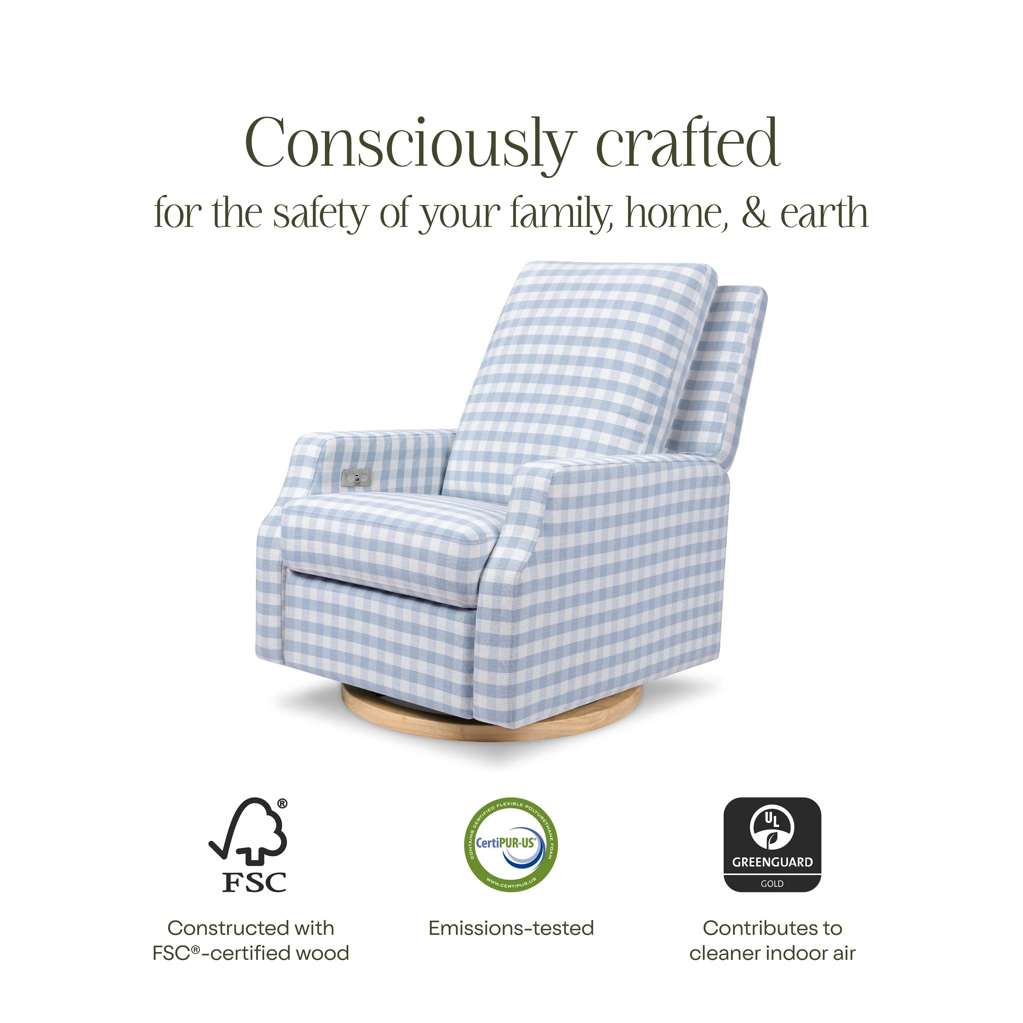 Crewe Electronic Recliner and Swivel Glider | Blue Gingham with Light Wood Base