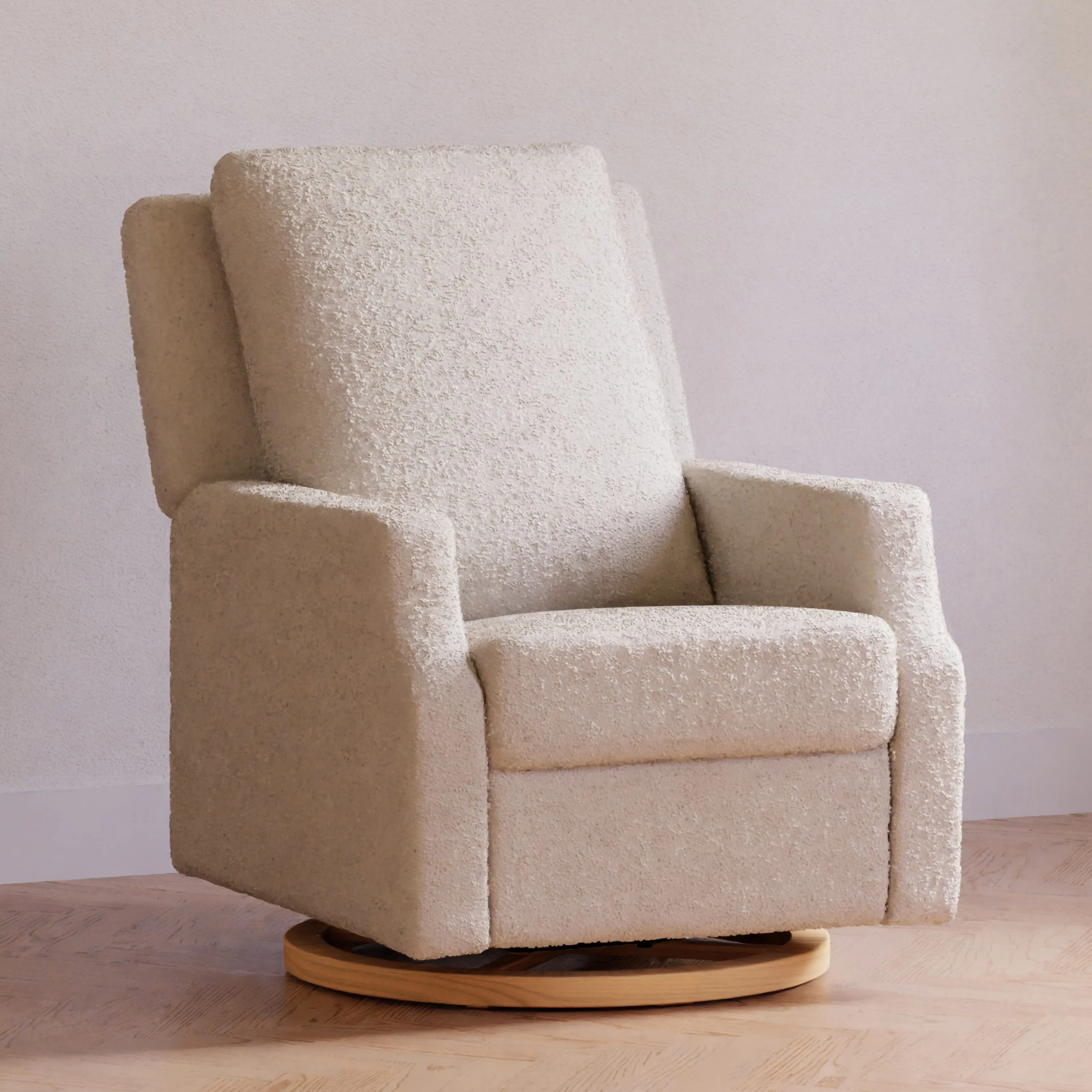 Crewe Electronic Recliner and Swivel Glider | Ivory Boucle with Light Wood Base