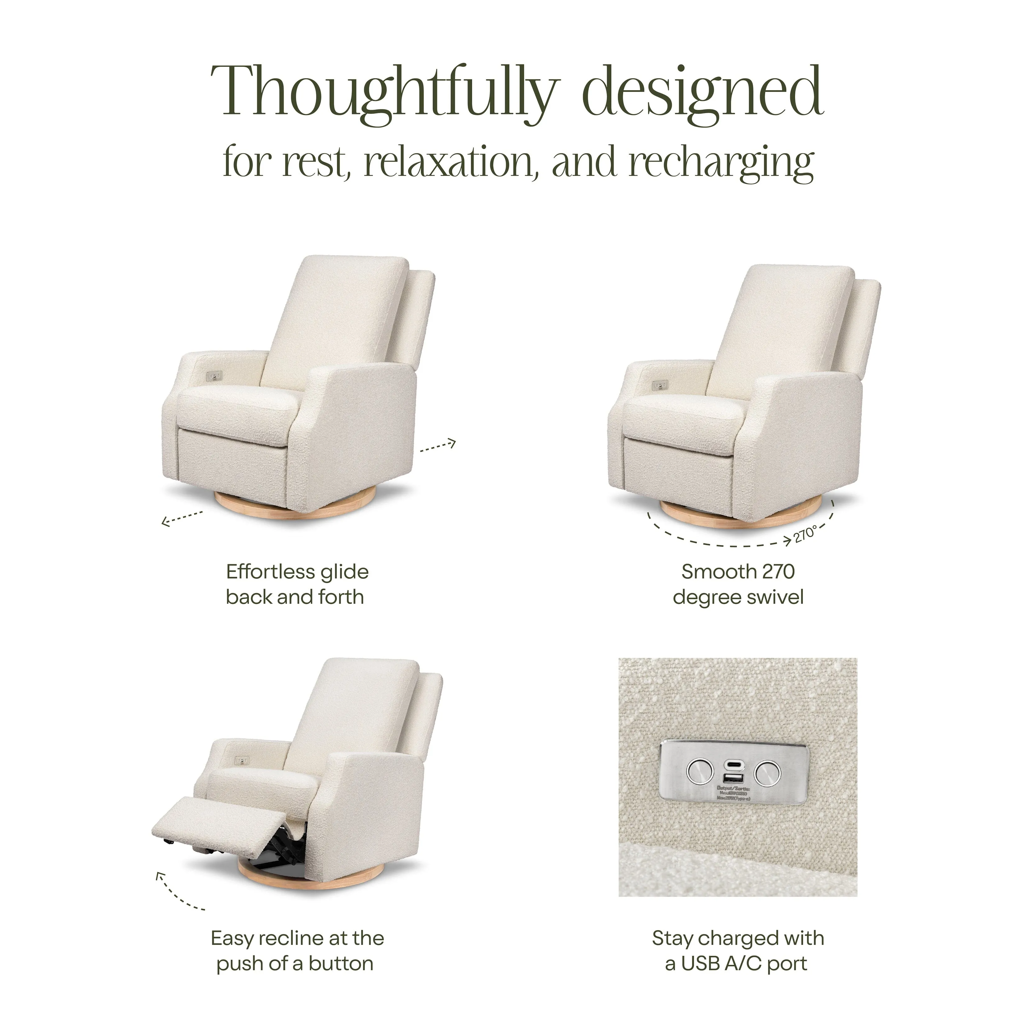 Crewe Electronic Recliner and Swivel Glider | Ivory Boucle with Light Wood Base