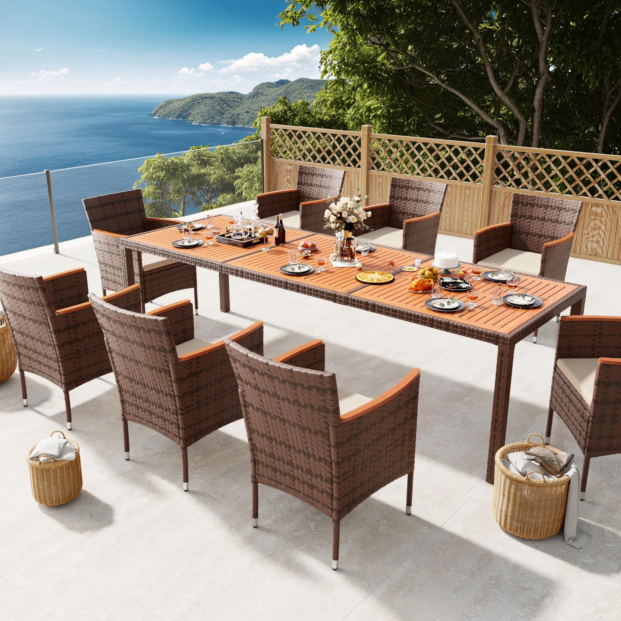 Devoko Outdoor Patio Dining Sets 9 Pieces Wicker Outdoor Dining Table and Chairs Set with Acacia Wood Table Top and Widened Armrests for Backyard, Garden, Deck (Brown)