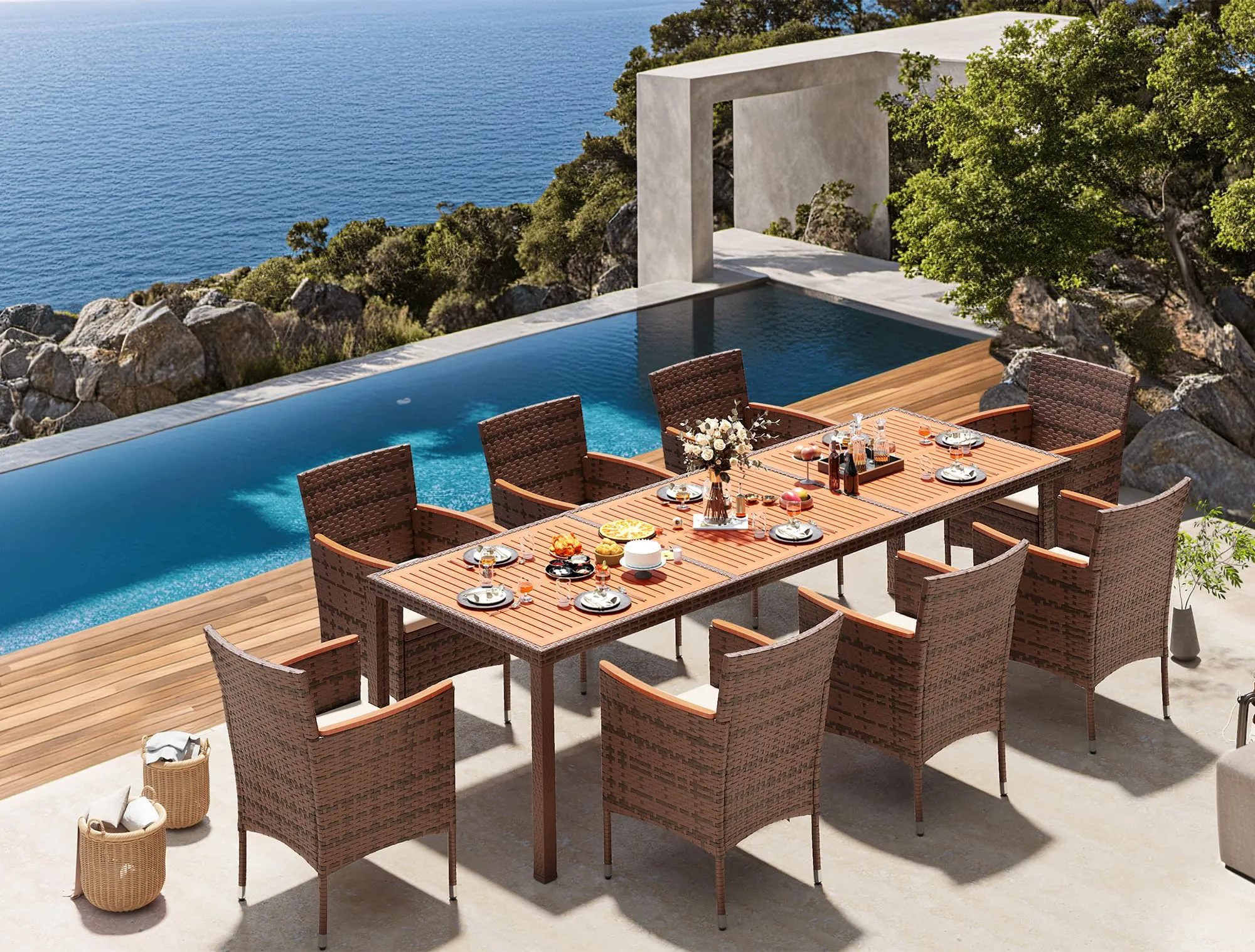 Devoko Outdoor Patio Dining Sets 9 Pieces Wicker Outdoor Dining Table and Chairs Set with Acacia Wood Table Top and Widened Armrests for Backyard, Garden, Deck (Brown)