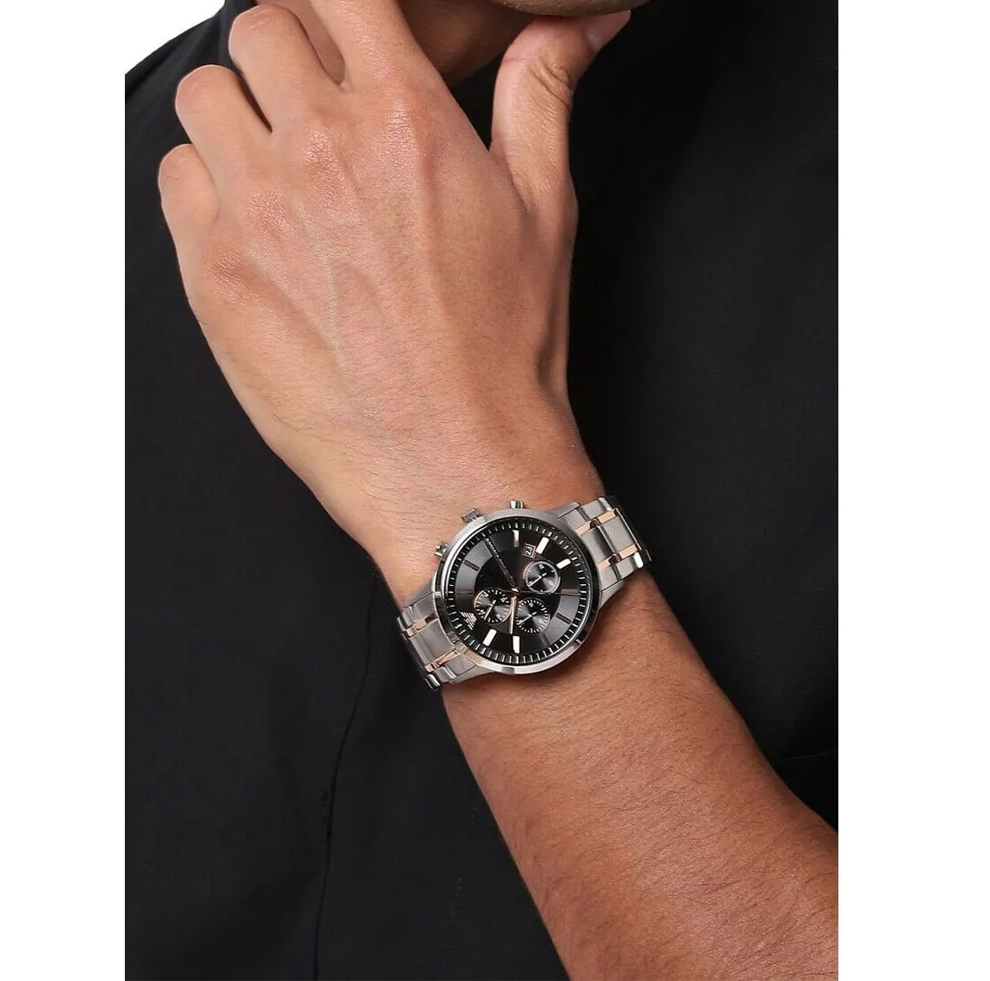 Emporio Armani Dress Renato Black Dial Stainless Steel Watch | AR11165