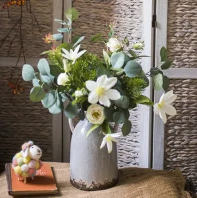 Eucalyptus Globulus, Clematis, White Rose Flowers, Unique Flower Arrangement for Home Decoration, Beautiful Modern Artificial Flowers for Dining Room Table