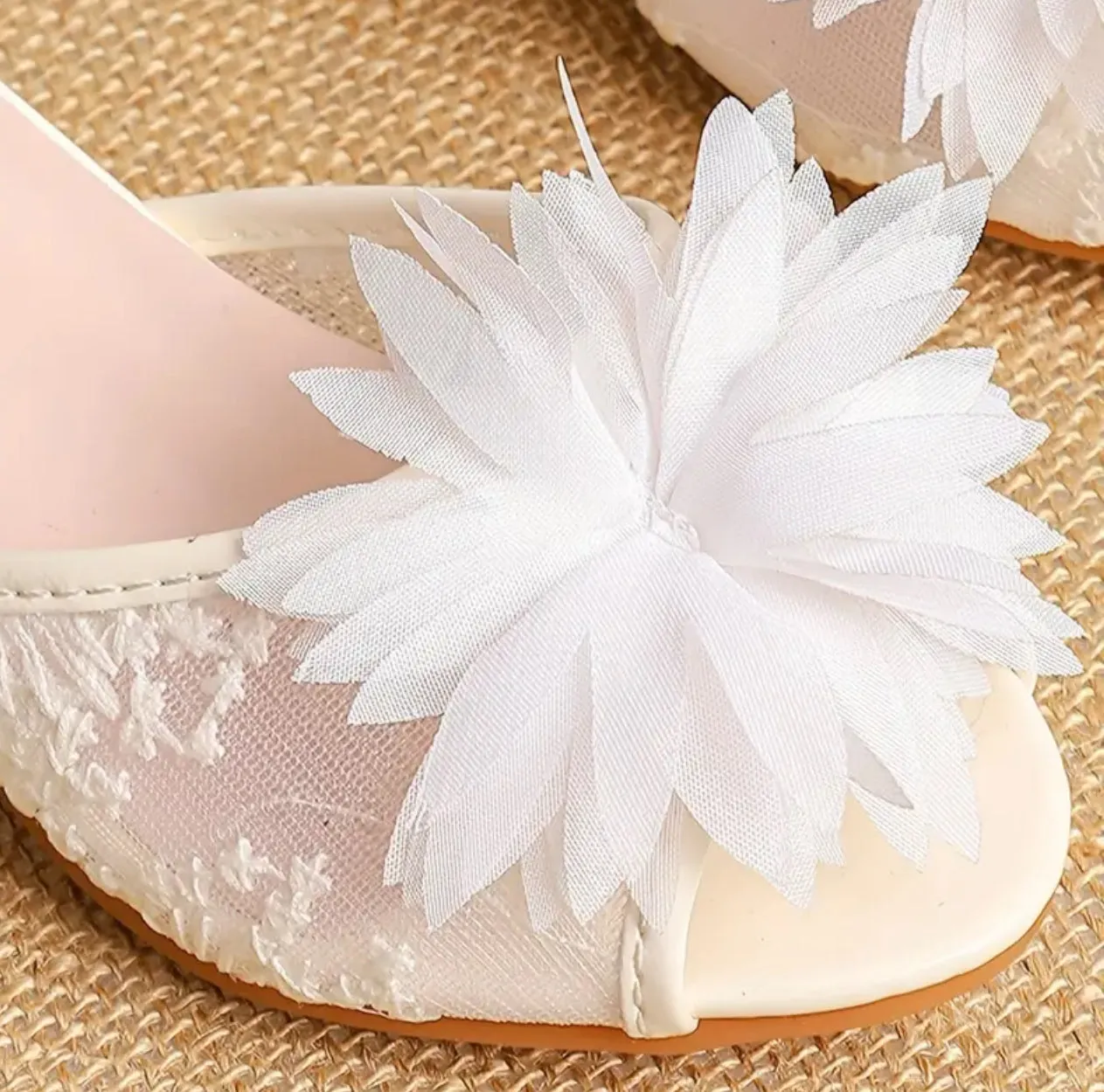 “Flor” Trendy Cute Flower Decor Mesh Slip On High Heel Shoes For Girls