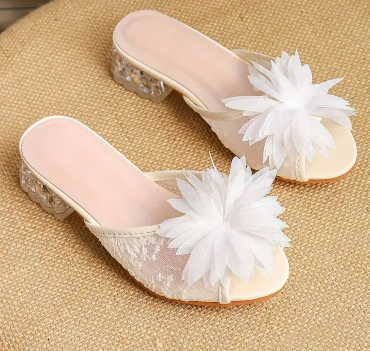 “Flor” Trendy Cute Flower Decor Mesh Slip On High Heel Shoes For Girls