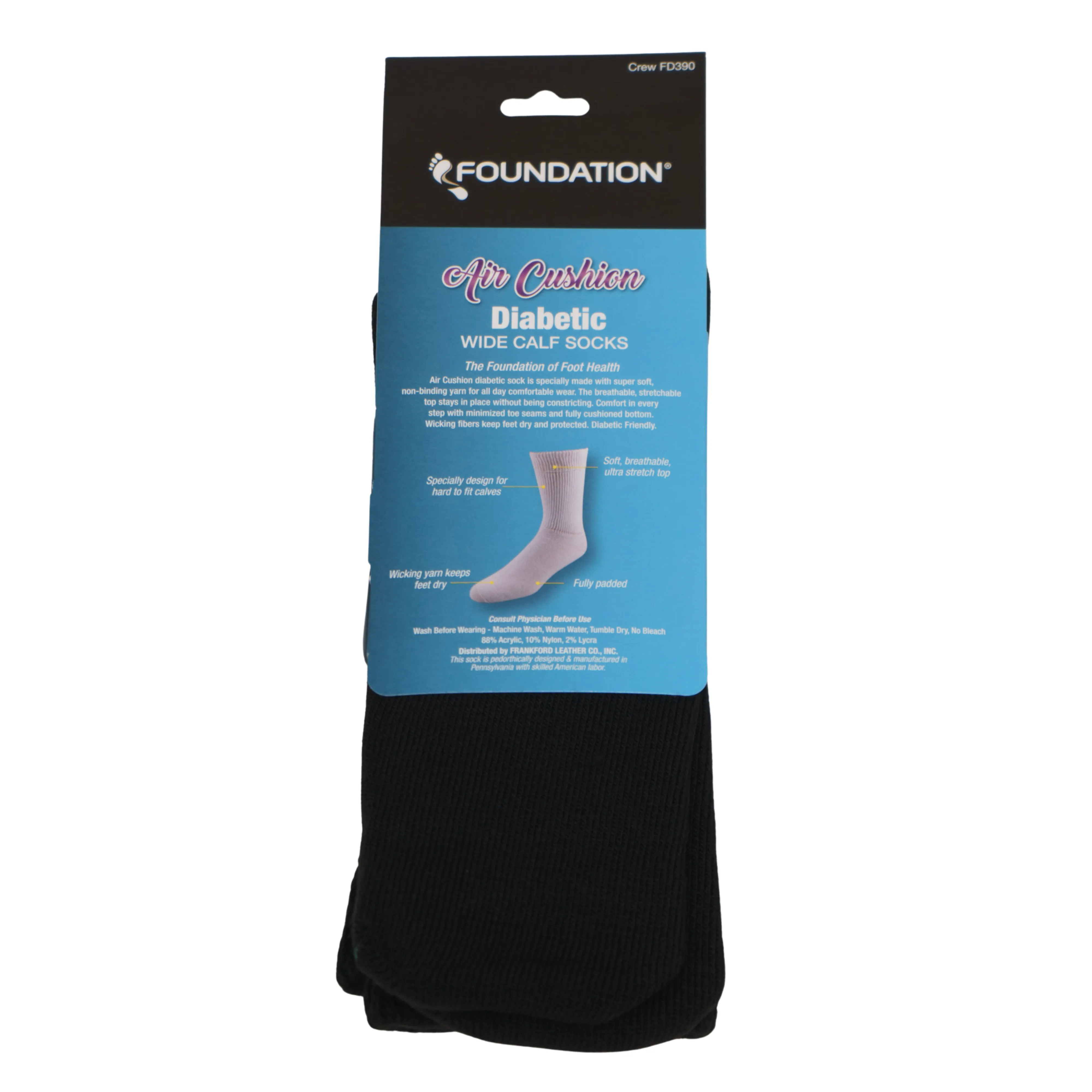 FOUNDATION® DIABETIC AIR CUSHION WIDE CALF CREW SOCKS - BLACK