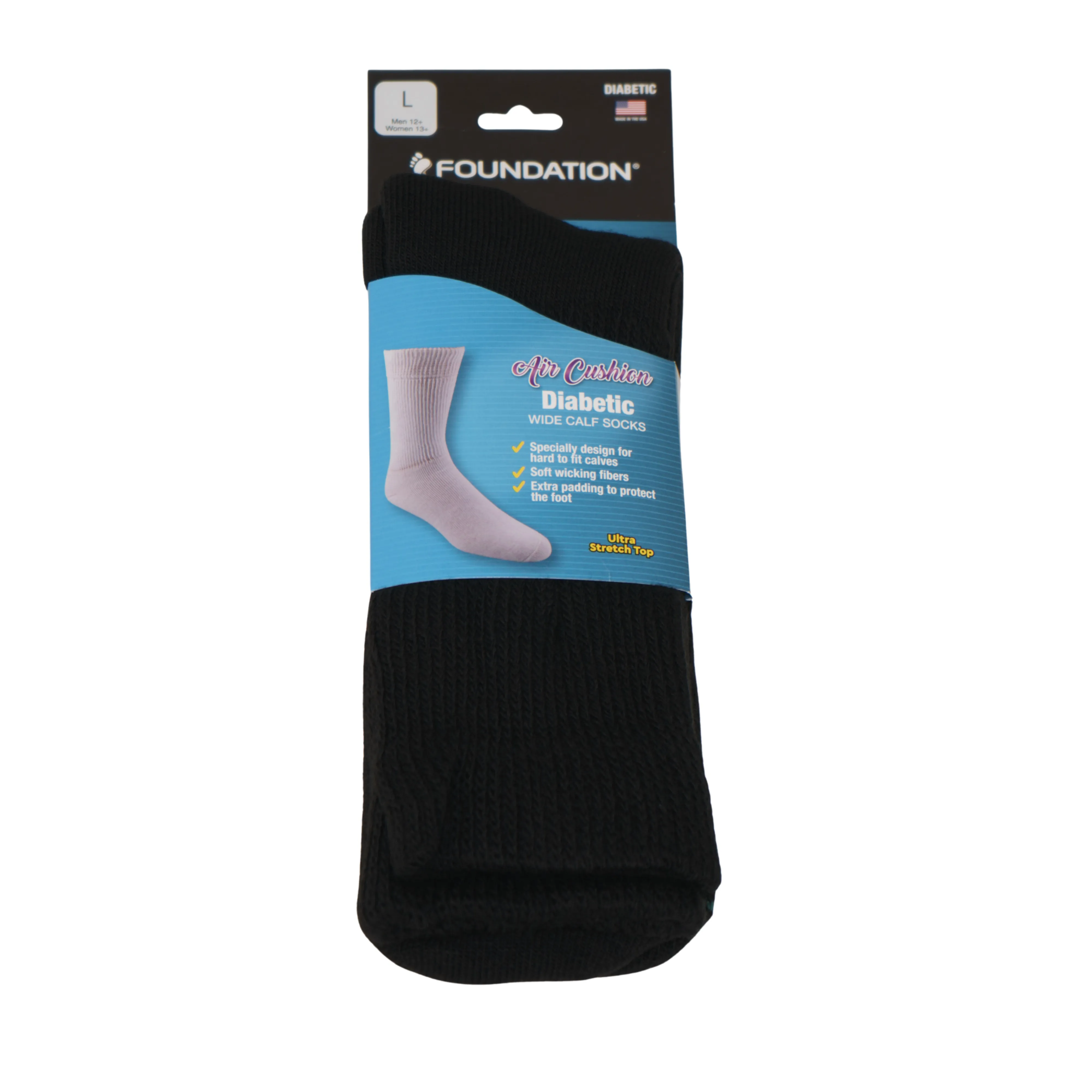 FOUNDATION® DIABETIC AIR CUSHION WIDE CALF CREW SOCKS - BLACK