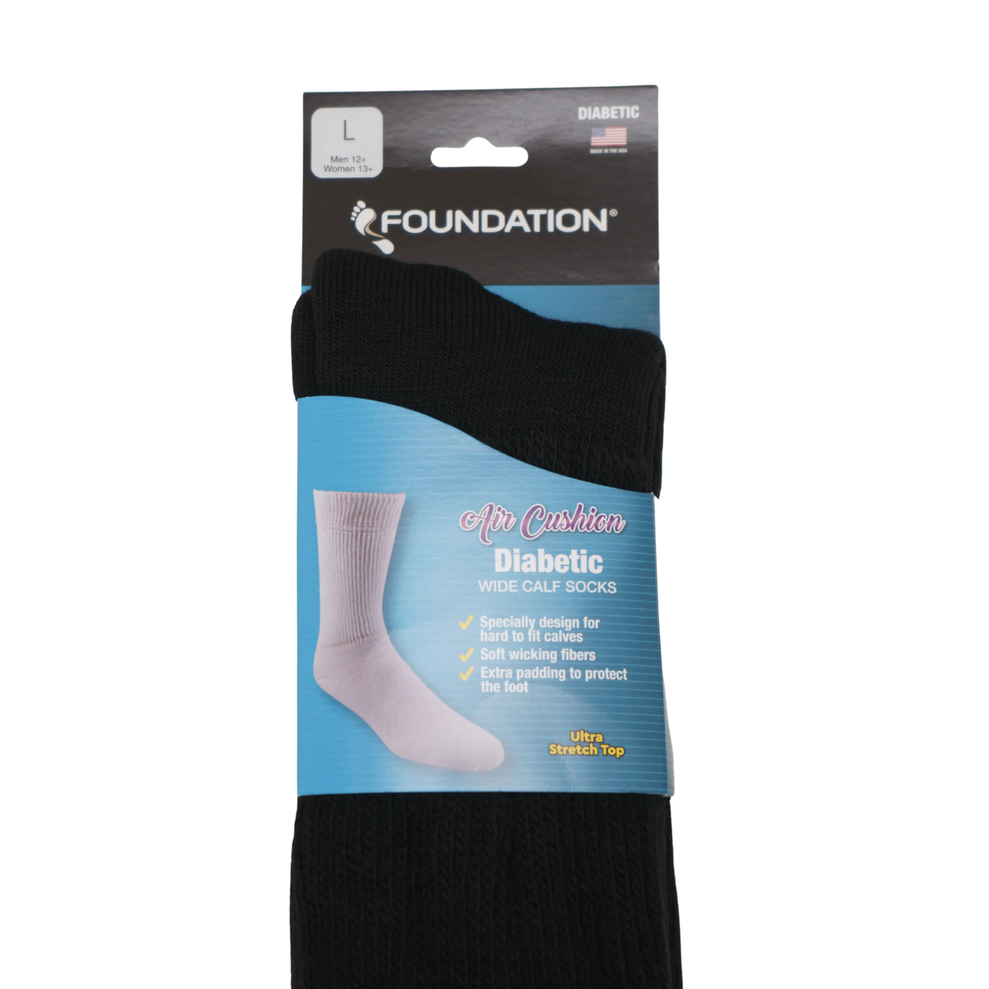 FOUNDATION® DIABETIC AIR CUSHION WIDE CALF CREW SOCKS - BLACK