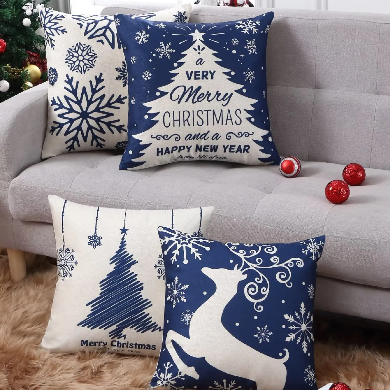 GARVEE Christmas Pillow Covers Christmas Deer Snowflake Tree Pattern Faux Linen Cushion Case Farmhouse Pillow Sham Red Pillow Cases for Winter Holiday, 18×18, 4 pcs