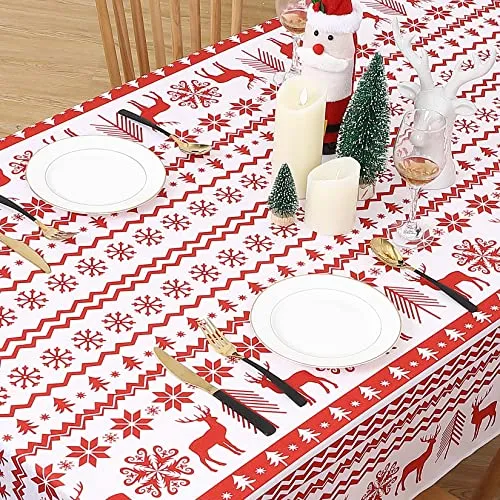 GARVEE Round Table Cloths 60 Inch Xmas Tree and Deer Design Waterproof Tablecloth Boho Table Cover for Outdoor, Indoor Party Kitchen Dining RoomRound 60x60, White/Red